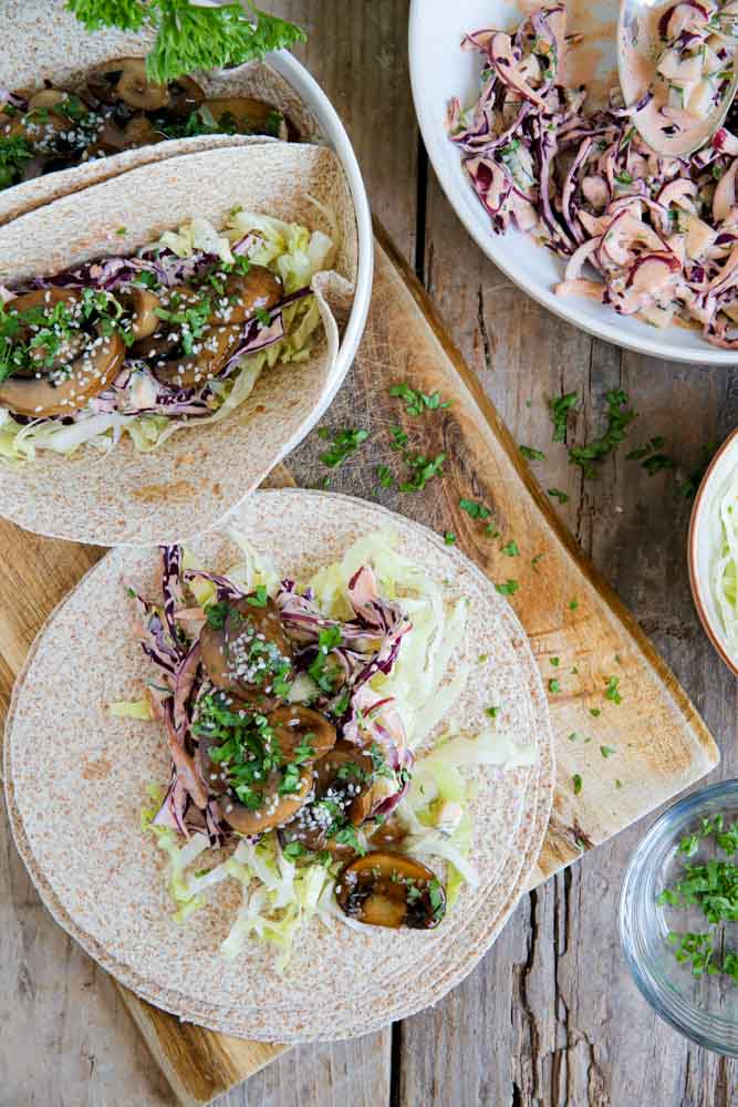 Teriyaki Mushroom Tacos with Red Cabbage Slaw