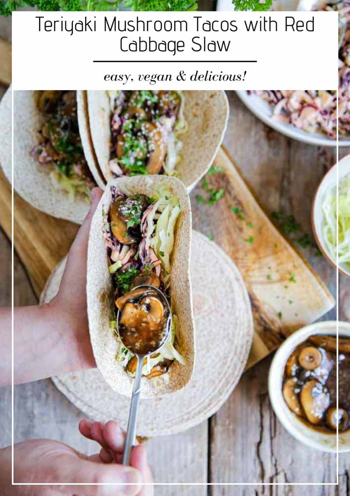 Sticky, smokey and all the Asian teriyaki flavours are piled into these mushroom tacos with a base of creamy vegan red cabbage slaw. Delicious! #veganrecipes #vegan # plantbased #easyvegan #tacotuesday #tacos #vegantacos #teriyaki #mushrooms #veganslaw #vegancoleslaw | Recipe on thecookandhim.com