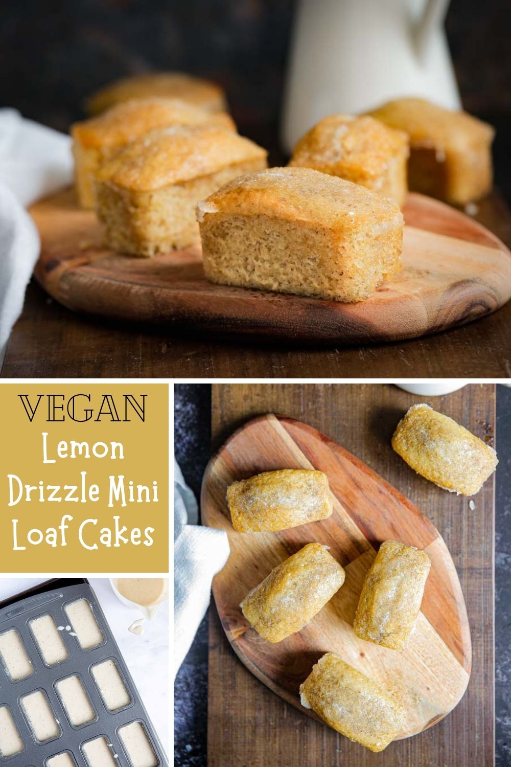 Dinky little vegan lemon drizzle mini loaf cakes. Full of zesty flavour with a sticky sweet lemon drizzle. Perfect lunchbox, picnic or because it's Tuesday sweet treats! #vegan #miniloafcakes #lemondrizzle #lemondrizzlecake #veganbaking #eggfreebaking #eggfreecake #dairyfree