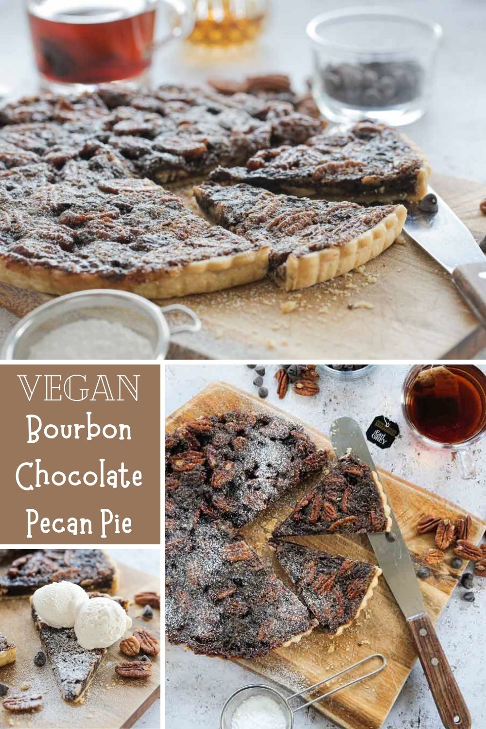 Sugary and buttery but not overly sweet this chocolate pecan pie is made with a dash of bourbon and a homemade pie crust. It's sticky, gooey, just as good cold as it is fresh from the oven and is a richly decadent end to any meal! Recipe on the cookandhim.com | #pecanpie #veganrecipes #vegandessert #chocolatepecanpie #bourbonrecipes #veganbaking #veganchocolate