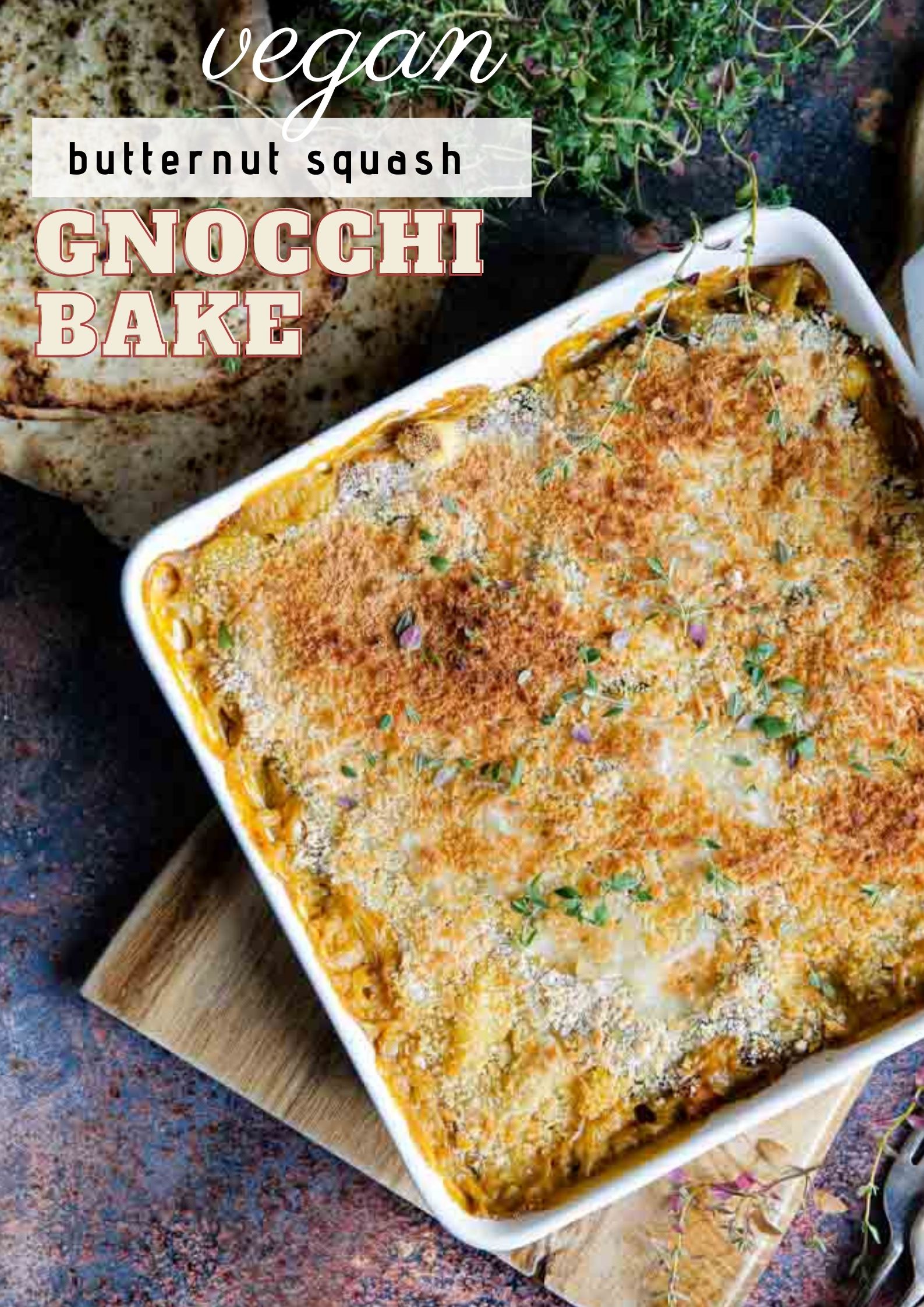 This vegan gnocchi bake is cosy, comfort food heaven that's easy, cooked in one pan and totally delivers on warming, delicious flavours! Recipe on thecookandhim.com | #vegan #veganmeal #veganrecipe #autumnrecipe #fallrecipe #gnocchi #gnocchibake