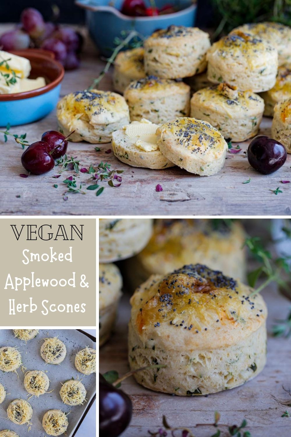 Light and fluffy vegan Smoked Applewood Cheese and Herb Scones that are just as delicious warm or cold. An easy to follow recipe, perfect for picnics, lunchboxes, savoury snack or serve alongside a hearty stew. Just split in half and serve with lashings of butter! Recipe on thecookandhim.com | #scones #vegan #veganscones #savouryscones #veganbaking #vegancheese