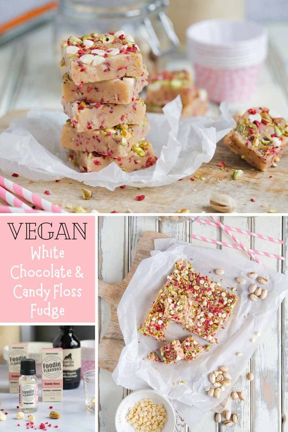 Super easy vegan candy floss fudge! Sprinkled with raspberry pieces, chopped pistachios and vegan white chocolate chips. A divinely sweet treat for yourself or wrapped in some pretty waxed paper for a special homemade gift! Recipe on thecookandhim.com #fudge #veganfudge #veganchocolate #veganchocolatefudge #easyfudge #whitechocolatefudge #candyfloss