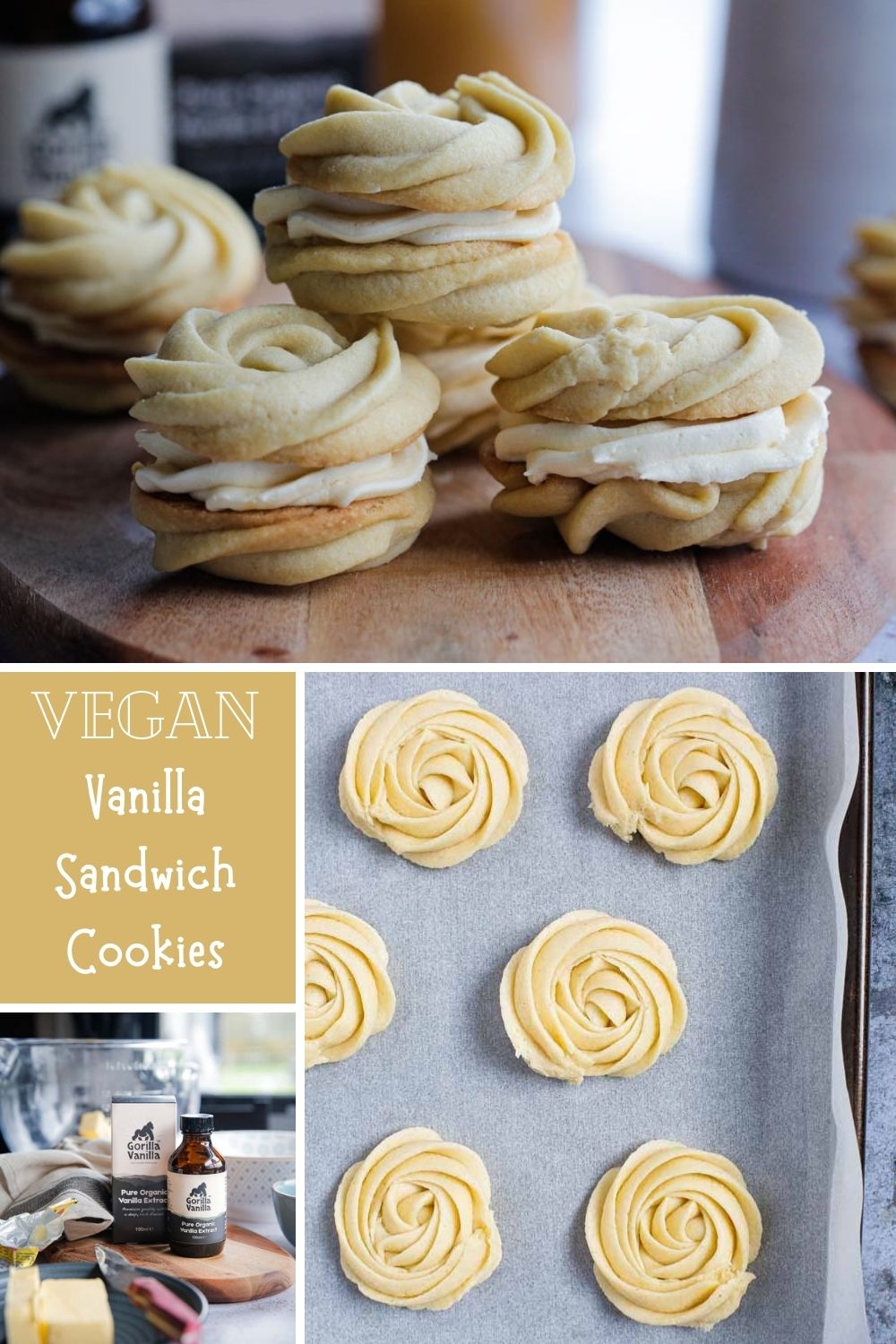 Soft, buttery and melt in the mouth these vegan vanilla sandwich cookies filled with vanilla buttercream are an easy to bake delicate little treat! Recipe on thecookandhim.com #vegancookies #veganbaking #vanillacookies #sandwichcookies #vanilla #veganrecipes