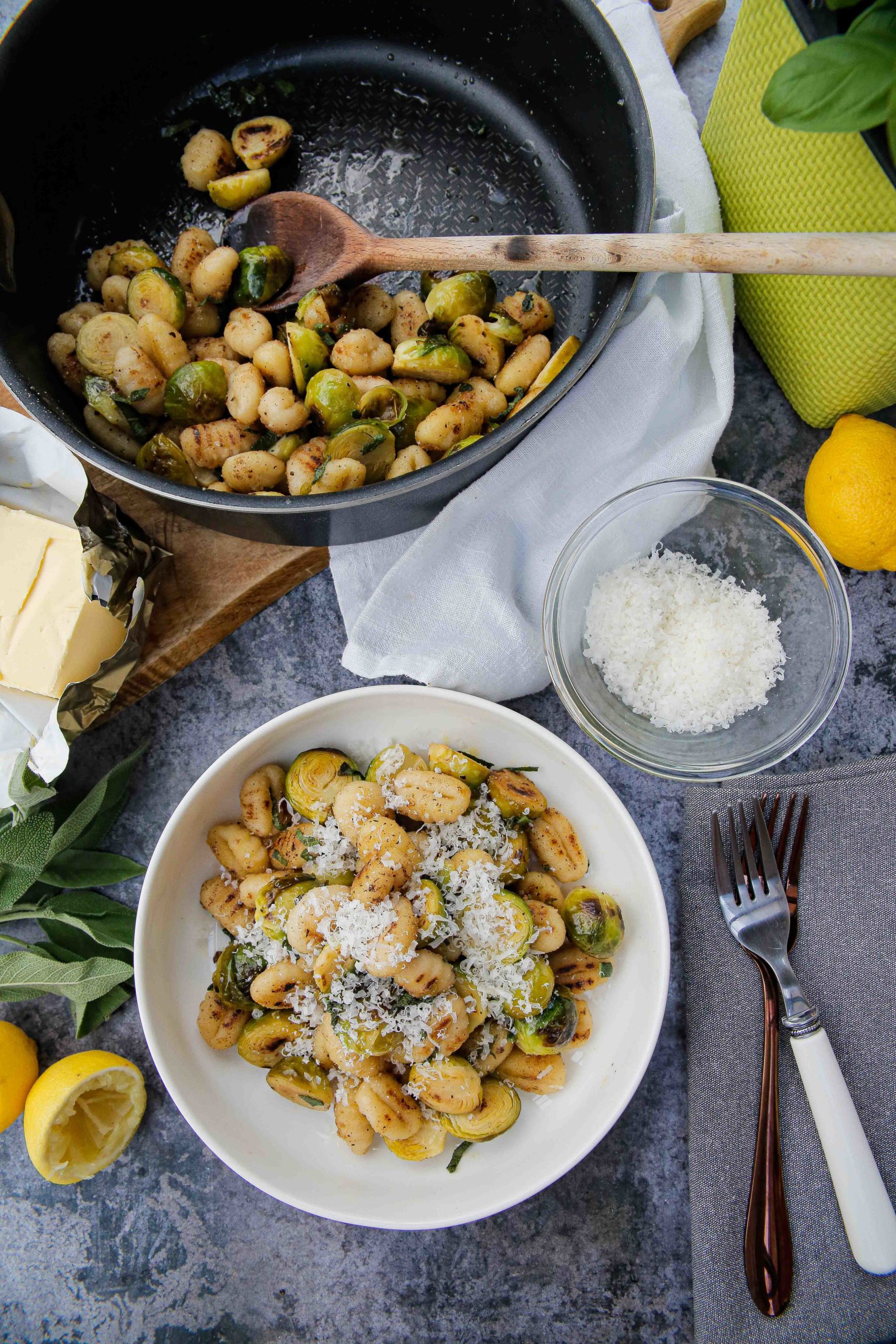 Crispy pan fried gnocchi with tender Brussel's sprouts, hints of lemon and garlic in a rich sage butter sauce. All cooked in one pan for an easy and speedy lunch or cozy evening meal made with just a few, simple ingredients but absolutely full of flavour.