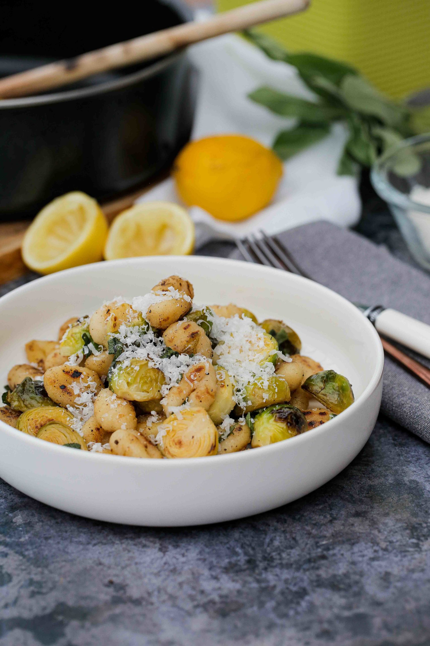 Crispy pan fried gnocchi with tender Brussel's sprouts, hints of lemon and garlic in a rich sage butter sauce. All cooked in one pan for an easy and speedy lunch or cozy evening meal made with just a few, simple ingredients but absolutely full of flavour.