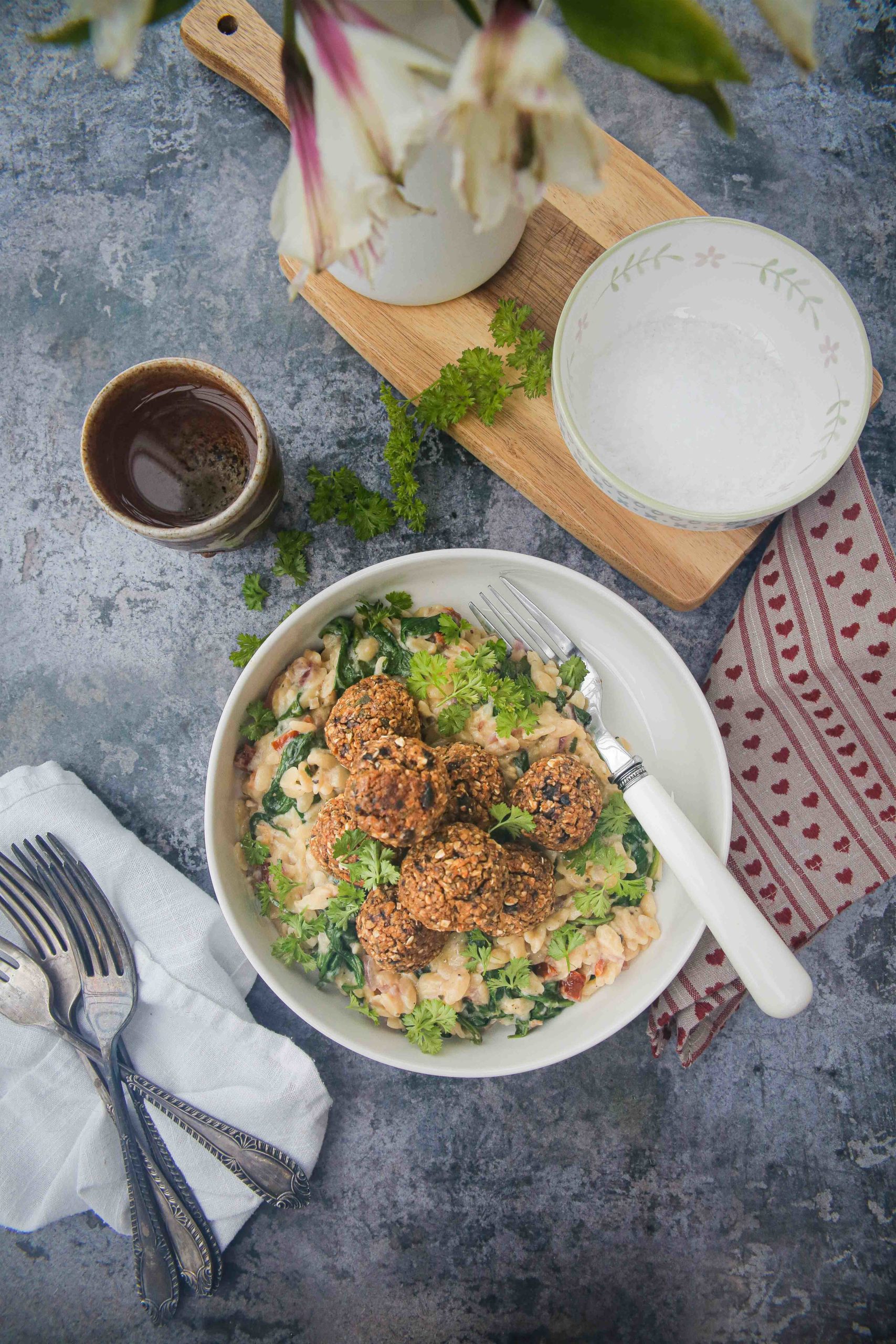 Sage and Black Garlic Meatballs with Creamy Orzo