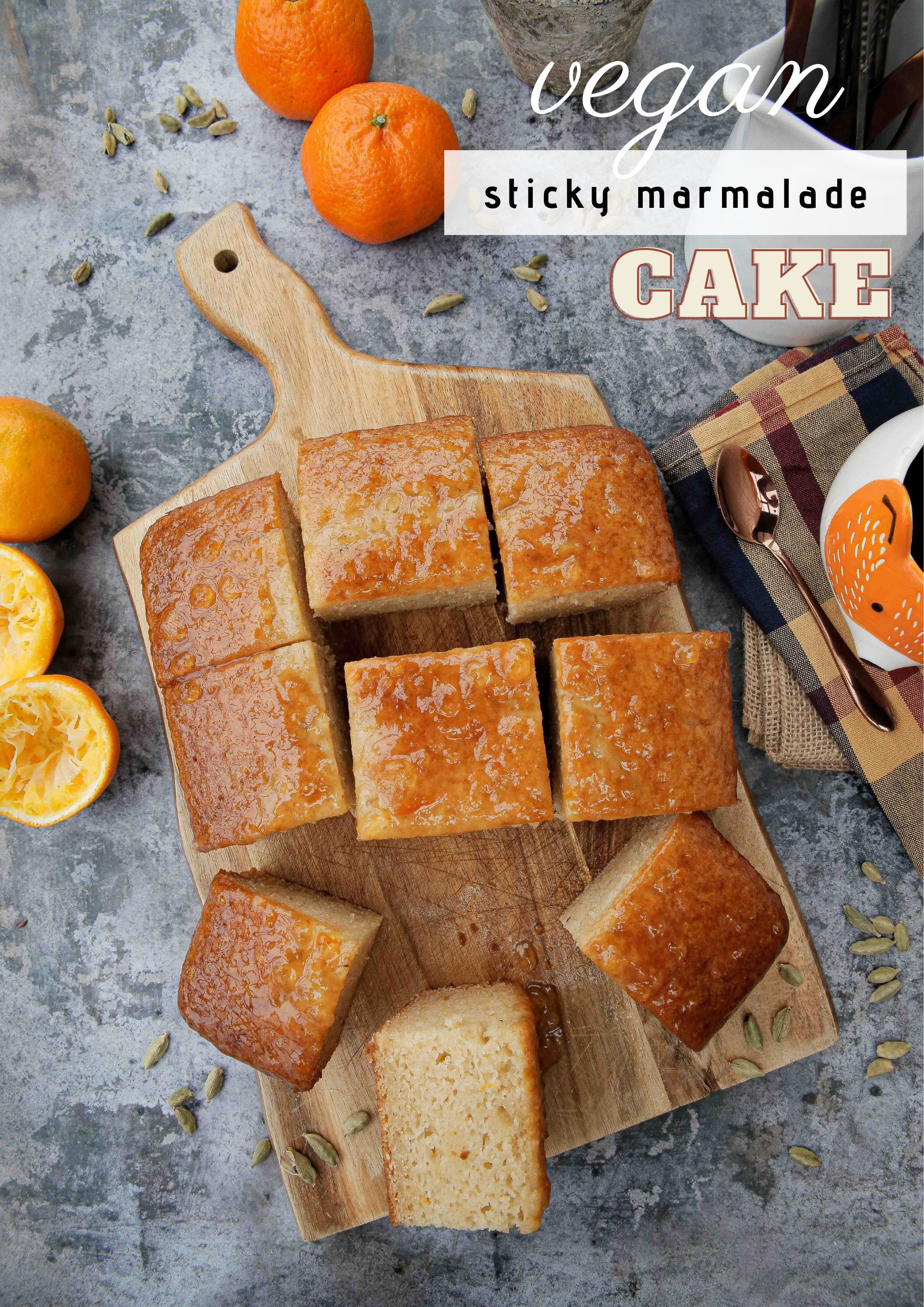 A delightfully easy to make marmalade cake recipe with beautiful zesty flavours and a sticky, sweet topping | Recipe on thecookandhim.com #marmaladecake #vegancake #veganbaking