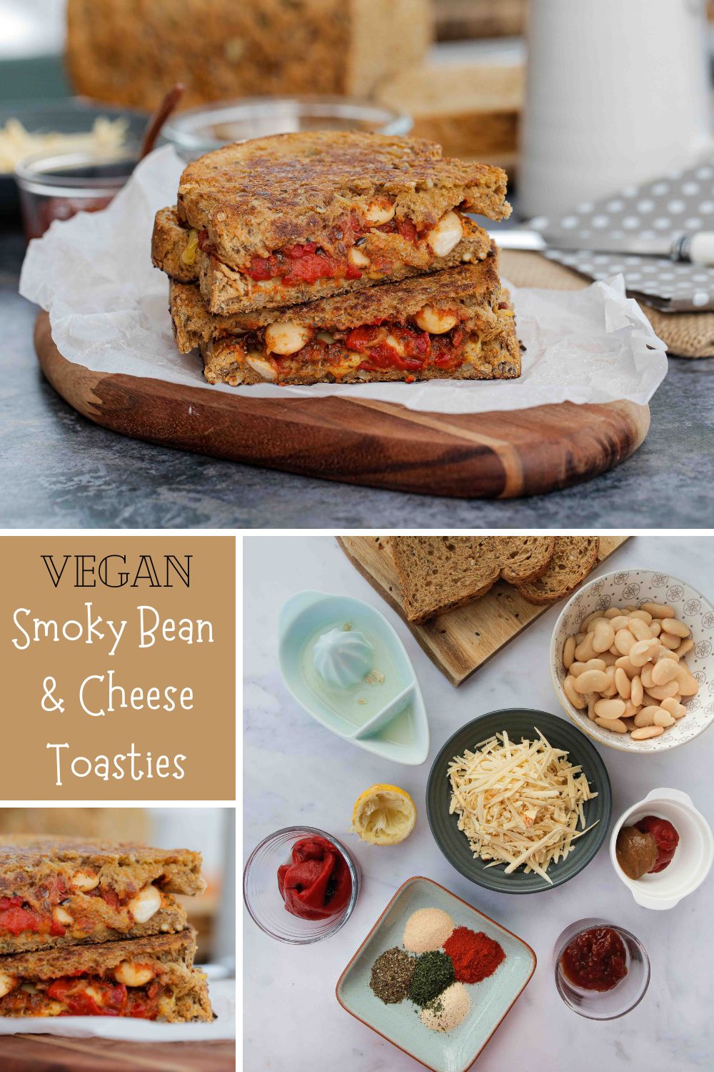 Tangy beans and vegan smoked applewood are packed in making these humble cheese toasties the ultimate comfort food! | Recipe on thecookandhim.com #cheesetoasties #vegancheese #vegansandwich #grilledcheese