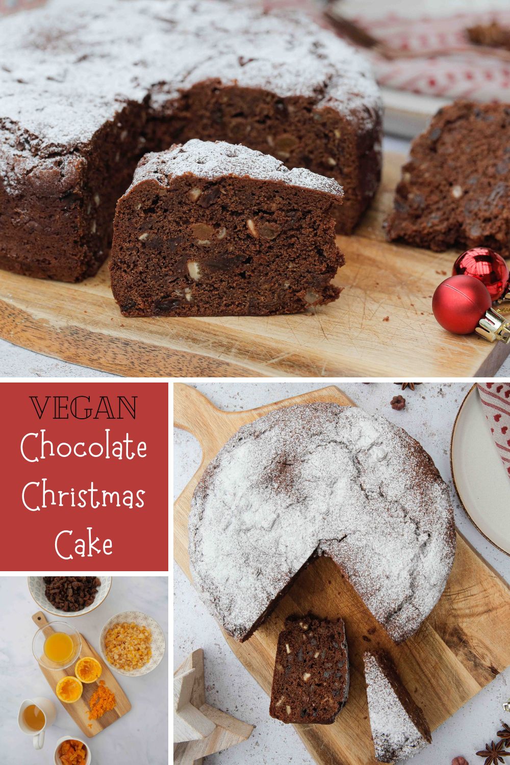 This chocolate Christmas cake is dark, squidgy, delicious and a little bit boozy! Packed with fruit and a hint of orange, the chocolate flavour is subtle but defined and adds a whole new level to a traditional Christmas cake | Recipe on thecookandhim.com #veganchristmascake #vegancake #christmascake #chocolatechristmascake #christmascake #traditionalchristmascakerecipe #veganchristmas