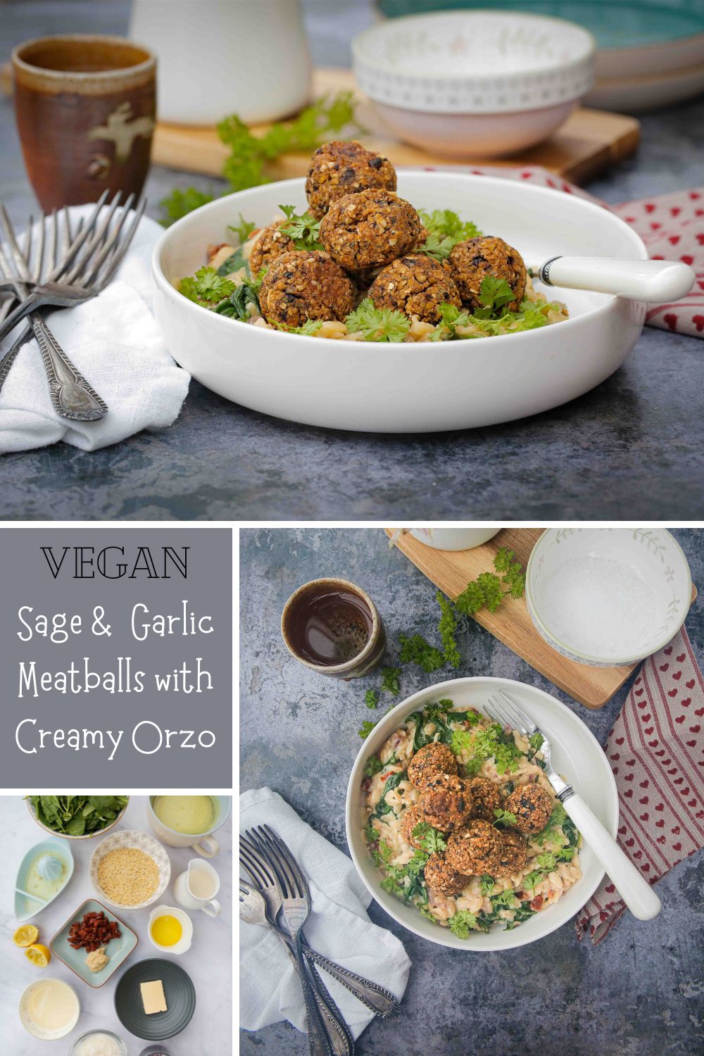 Crispy baked vegan meatballs with creamy orzo packed with spinach, sun dried tomatoes and lots of delicious flavour | Recipe on thecookandhim.com #veganmeatballs #veganpasta #vegandinner #veganmealidea #orzopasta #thecookandhim
