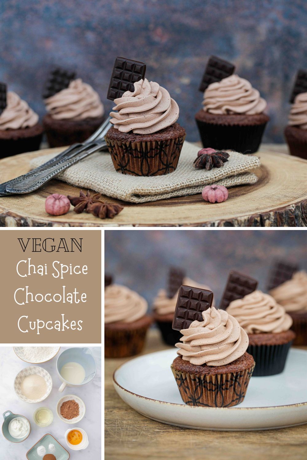 Warming chai spices are blended into these vegan chocolate cupcakes. Top with a fluffy chocolate buttercream for a delightful afternoon treat! Recipe on thecookandhim.com #vegancupcakes #buttercream #chaispice #chailatte #chocolatecupcakes