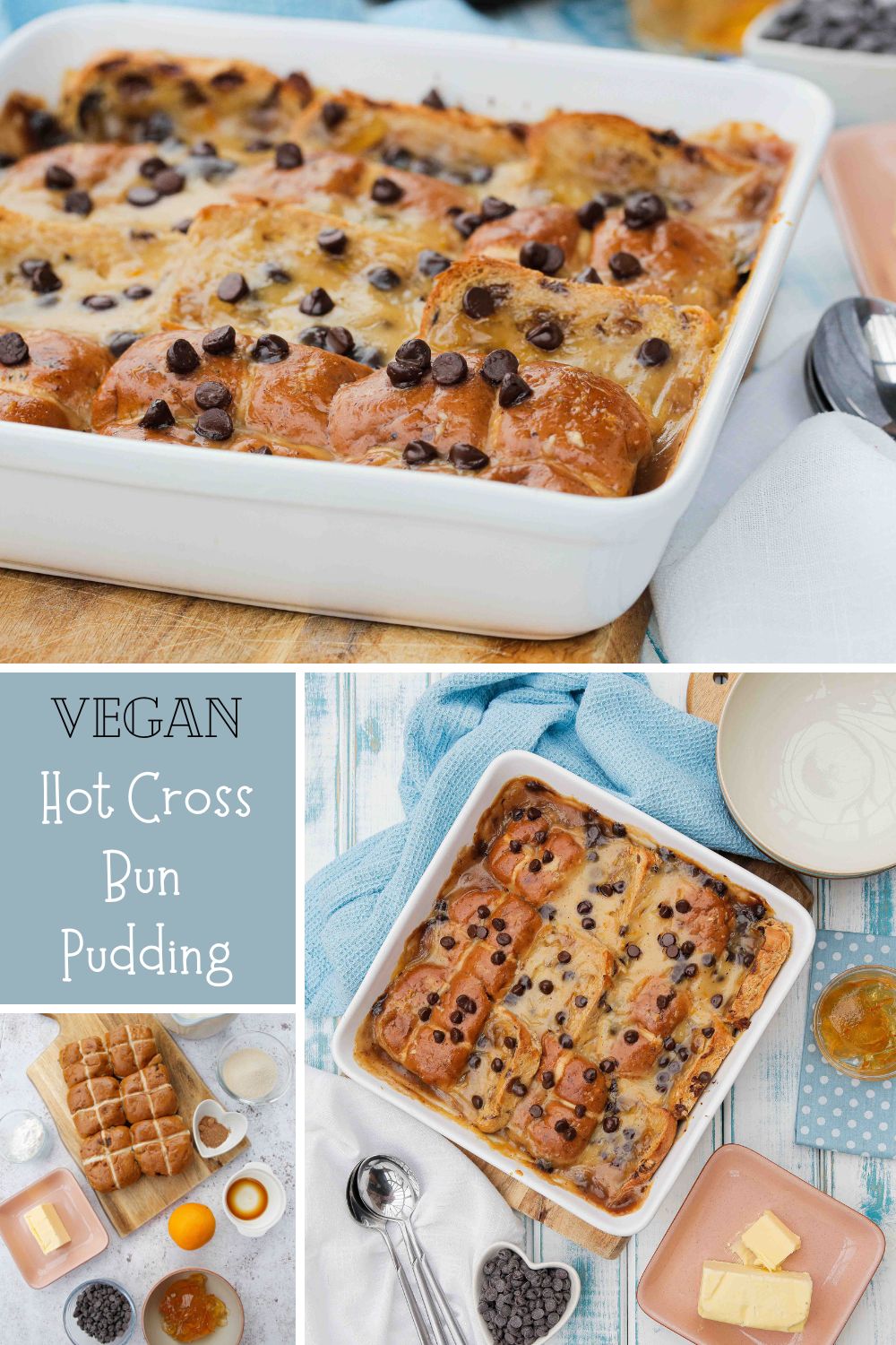 This vegan hot cross bun bread pudding, filled with tangy orange marmalade and chocolate chips, is an impressive but deceptively easy delicious Easter dessert! Recipe on thecookandhim.com | #vegancustard #breadandbutterpudding #easterdessert #hotcrossbuns #vegan #easterrecipes #vegandessert