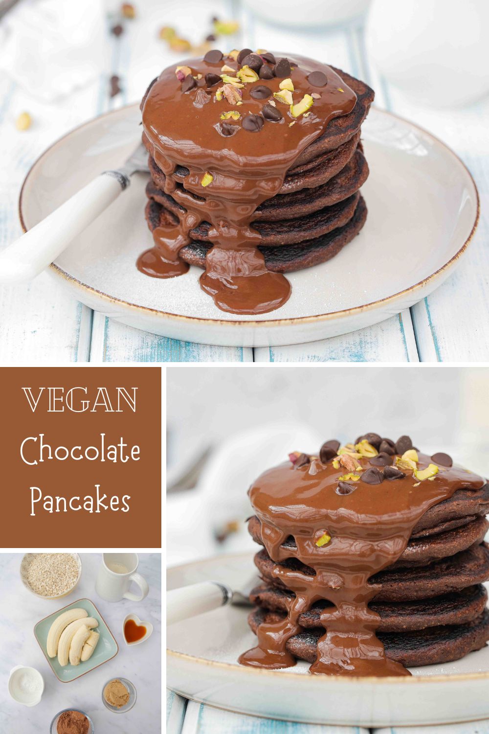 These easy vegan and gluten free chocolate pancakes are a chocolate lovers dream! Fluffy, full of rich cacao flavour and made with simple ingredients - including the divine chocolate sauce! Recipe on thecookandhim.com | #veganpancakes #veganbreakfast #chocolatepancakes #veganrecipes #glutenfree