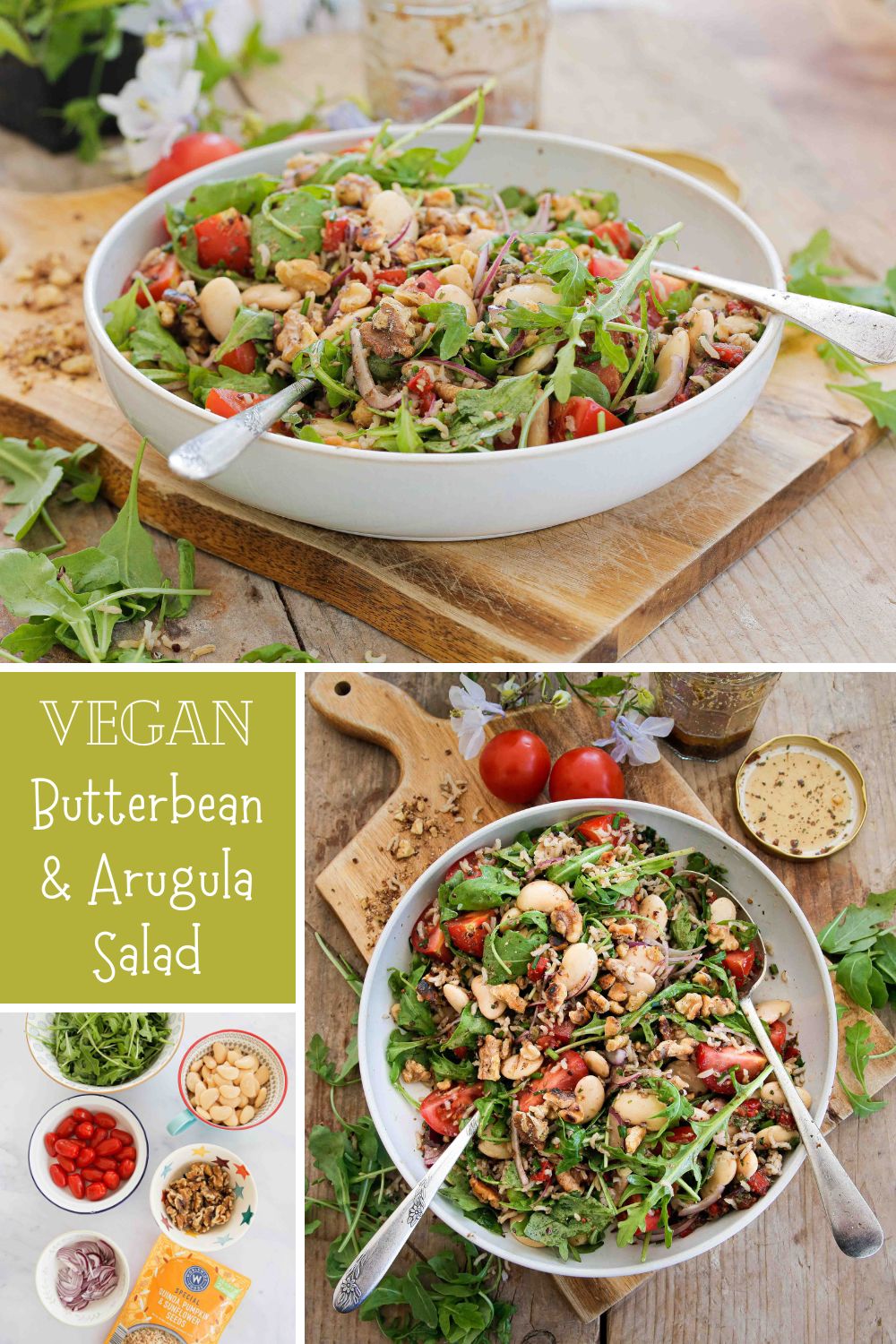 A simple but delicious butterbean and arugula salad with tomatoes, toasted walnuts and a roasted pepper dressing. Perfect for summer lunches and picnics! Recipe on the cookandhim.com | #butterbeans #arugula #roastedpeppers #walnuts #redpepperdressing #butterbeansalad
