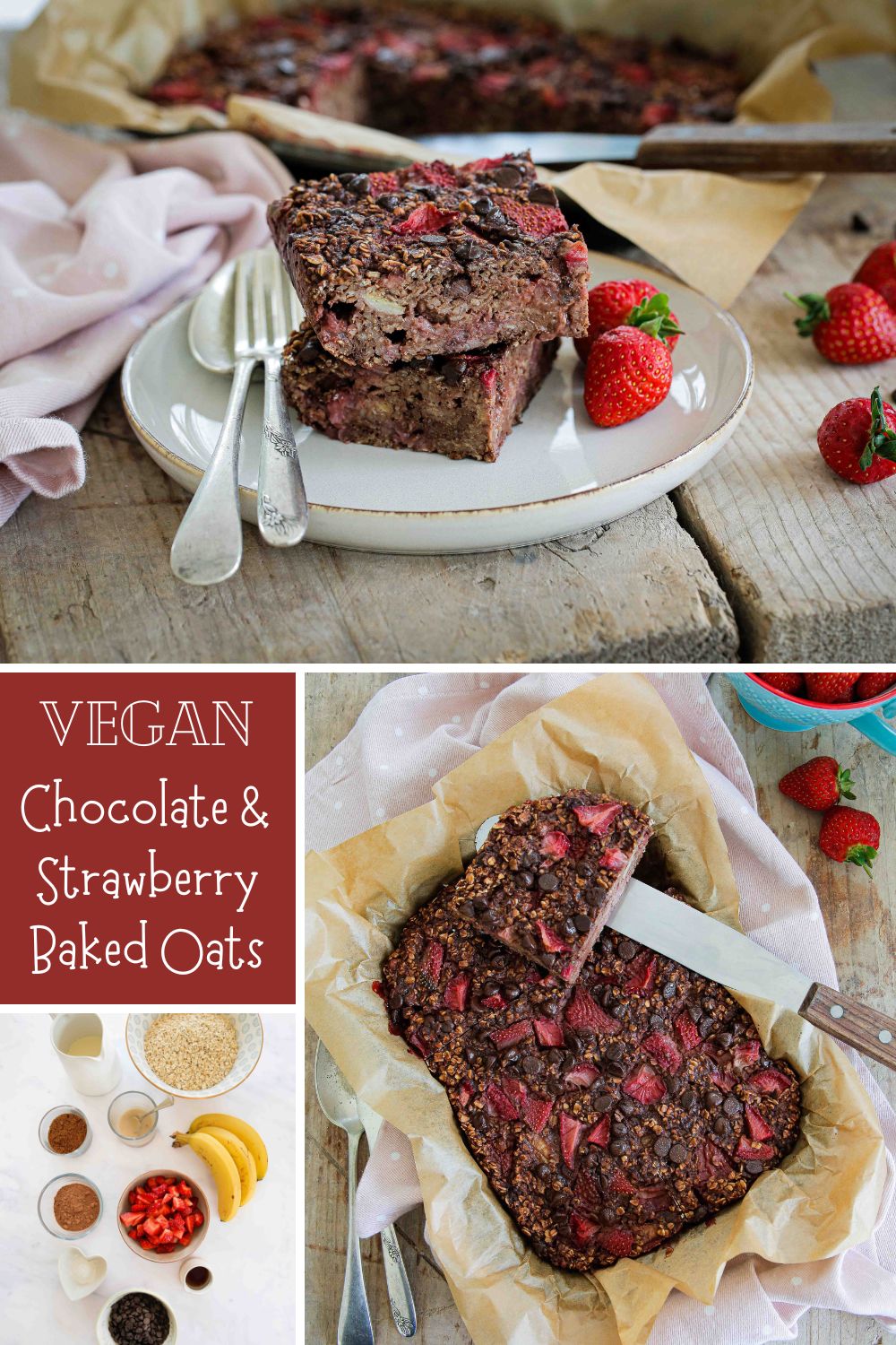 These Strawberry and Chocolate Baked Oats come together in one bowl. They're vegan, gluten free and SO easy. The perfect breakfast! Recipe on thecookandhim.com #bakedoats #bakedoatmeal #chocolatebakedoats #chocolatebakedoatmeal #healthybreakfast #veganbreakfast