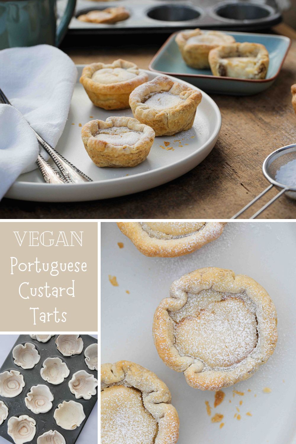 No plane ticket required for these Portuguese custard tarts! Creamy vegan custard is housed in a crisp puff pastry shell before being baked to golden perfection. Recipe in thecookandhim.com | #vegancustard #portuguesecustardtart #eggfreecustard #pasteldenata #tofurecipes