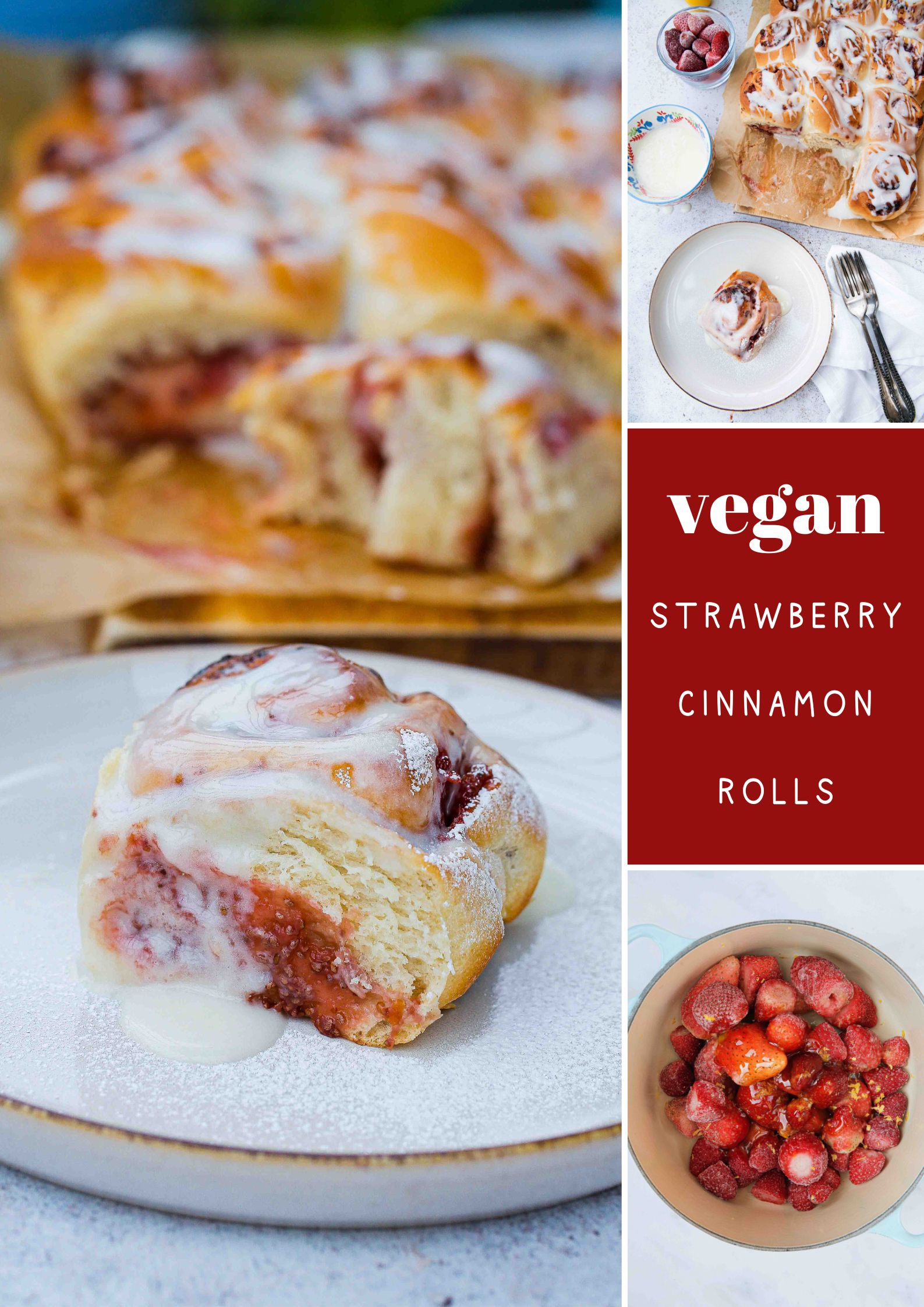 Soft, fluffy dough with a sweet homemade strawberry jam filling these vegan strawberry cinnamon rolls are such a breakfast treat! Recipe on thecookandhim.com | #strawberryrecipes #strawberrycinnamonrolls #homemadebread #cinnamonrolls #summerjam #summerfruits #strawberries
