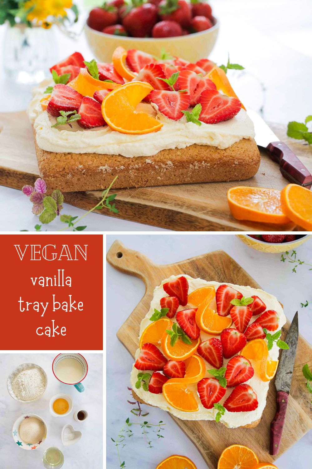 Soft and fluffy vegan vanilla sheet cake or tray bake is an easy buttery sponge, topped with whipped icing and fresh fruit. Perfect for birthdays, afternoon tea or simply because! Recipe on thecookandhim.com #vanillacake #vegancake #veganvanillacake #birthdaycake #sheetcake #traybakecake #veganfrosting