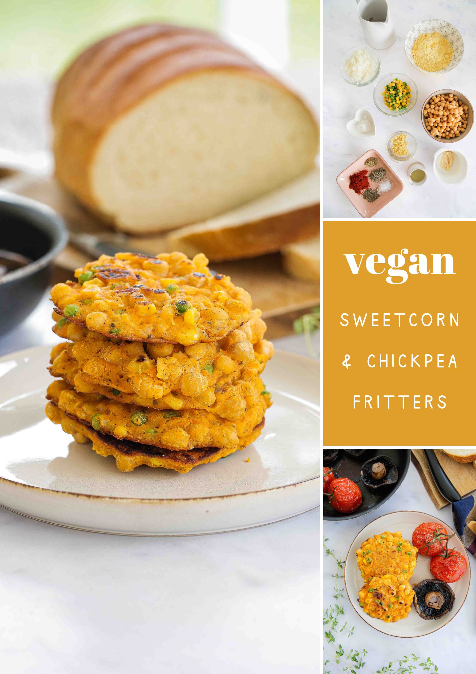 Super simple and healthy sweetcorn fritters, packed with flavour and vegan protein! Just one bowl and one frying pan needed for a delicious lunch, brunch or side dish. Gluten free too! Recipe on thecookandhim.com #vegan #summerrecipes #healthydinner #summermeals #glutenfreerecipes #sweetcornfritters