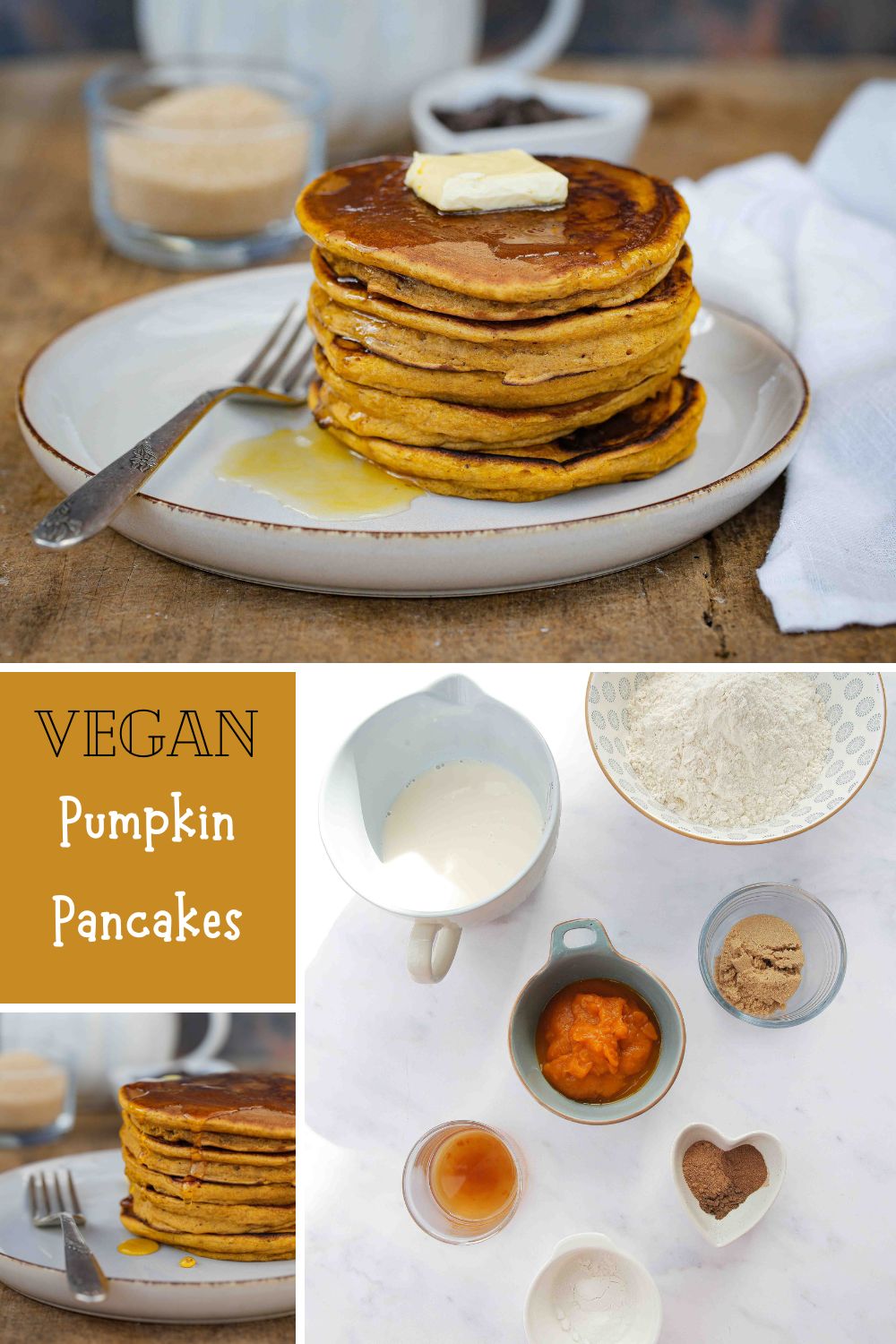 These easy to make, super fluffy vegan pumpkin pancakes with warming spices are the perfect cosy autumn breakfast! Recipe on thecookandhim.com | #pumpkinpancakes #veganpancakes #fluffyveganpancakes #veganbreakfast #eggfreepancakes #autumnrecipes