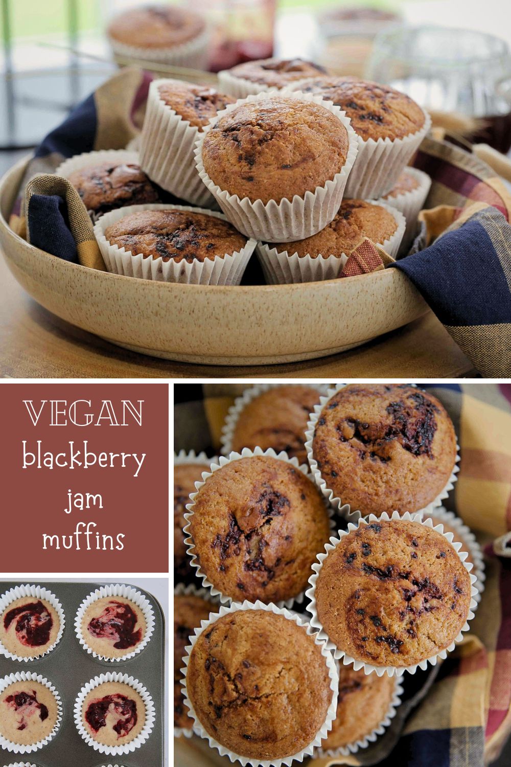 Fluffy, squidgy, lightly spiced bakery style breakfast muffins, swirled with the easiest homemade blackberry jam. Autumn cosiness in every bite! Recipe on thecookandhim.com #blackberrymuffins #veganmuffins #blackberryjam #lowsugarjam #breakfastmuffins #autumnrecipes #bakerystylemuffins