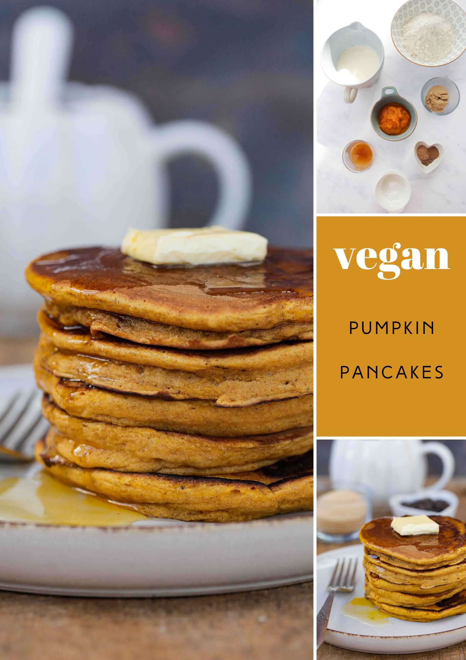 These easy to make, super fluffy vegan pumpkin pancakes with warming spices are the perfect cosy autumn breakfast! Recipe on thecookandhim.com | #pumpkinpancakes #veganpancakes #fluffyveganpancakes #veganbreakfast #eggfreepancakes #autumnrecipes