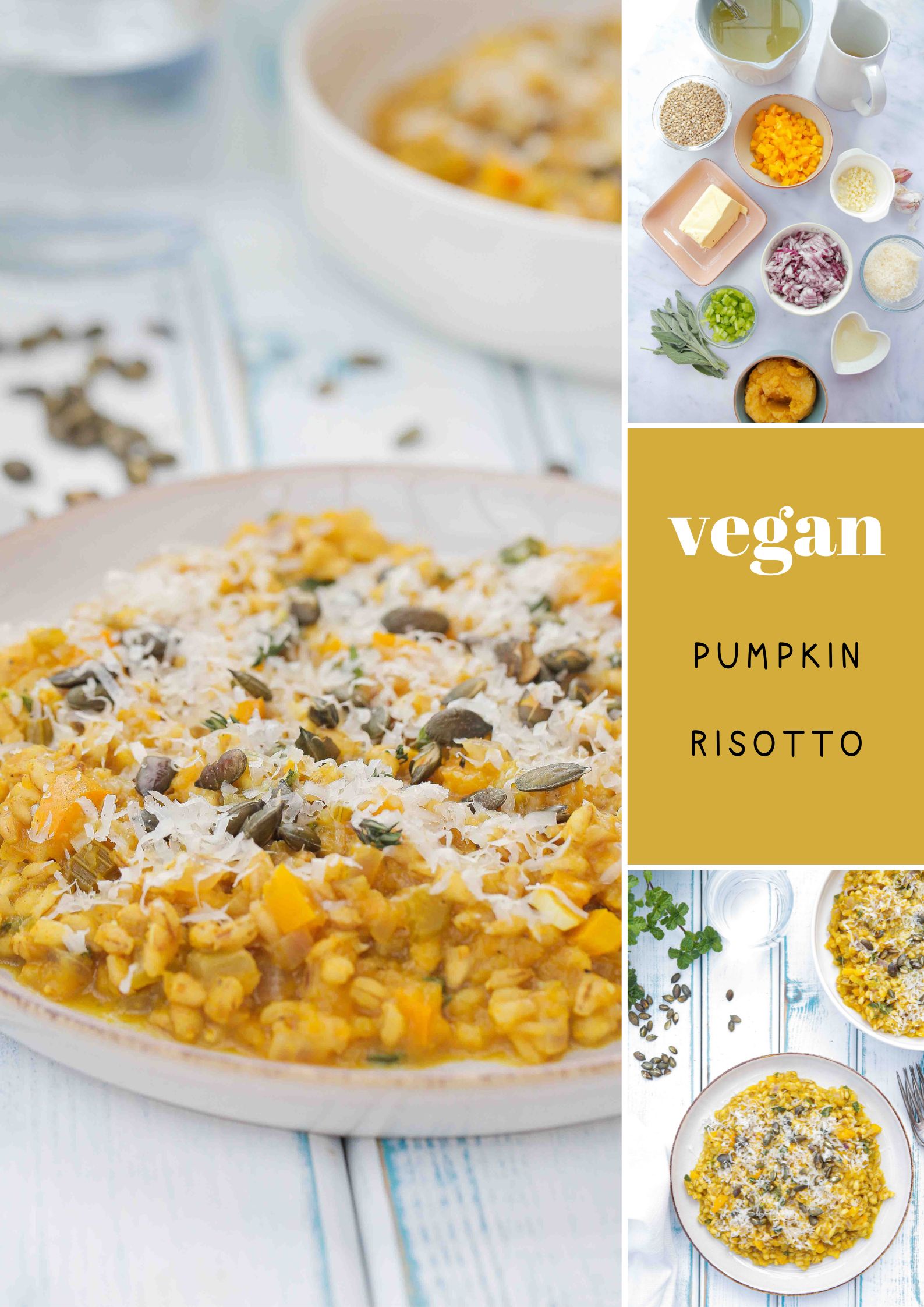 Easy, creamy, one pan pumpkin risotto with white wine, sage and pearl barley. Delicious autumn comfort food. Recipe on thecookandhim.com | #pumpkinrisotto #pearlbarley #vegan #autumnrecipes #comfortfoodrecipes #onepotrecipes #winterwarmerrecipes