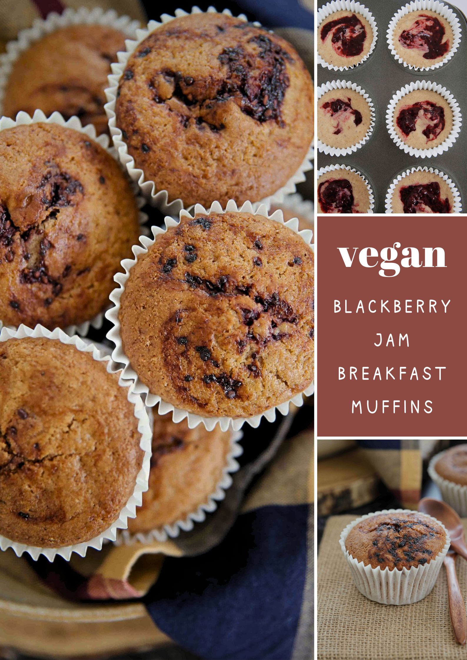 Fluffy, squidgy, lightly spiced bakery style breakfast muffins, swirled with the easiest homemade blackberry jam. Autumn cosiness in every bite! Recipe on thecookandhim.com #blackberrymuffins #veganmuffins #blackberryjam #lowsugarjam #breakfastmuffins #autumnrecipes #bakerystylemuffins