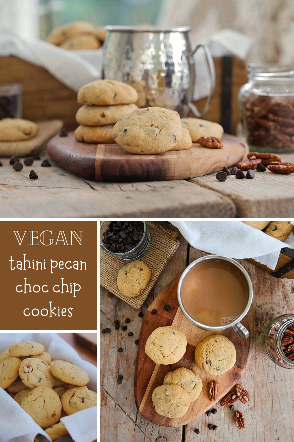 These chewy vegan choc chip cookies with tahini and pecans are super easy to make with simple ingredients and take less than 15 minutes to bake! Recipe on thecookandhim | #vegancookies #veganchocchipcookies #brownsugarcookies #chewychocchipcookies #egglesscookies