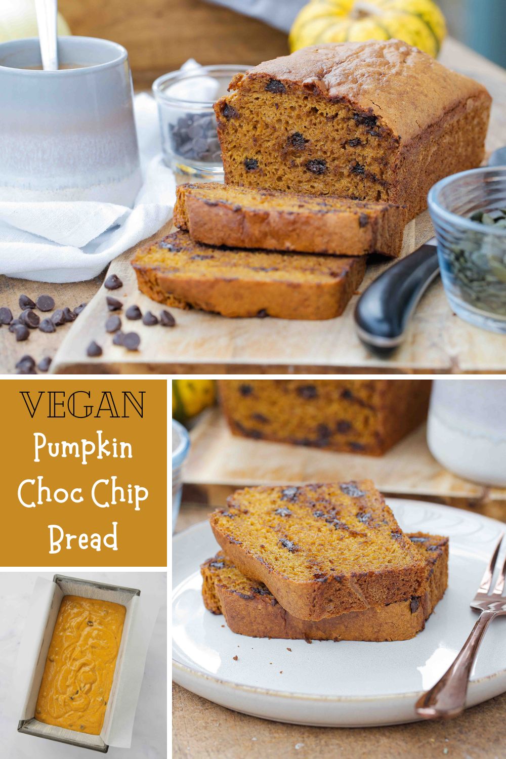 Embrace cosy autumn days with this lightly spiced, fluffy and divinely squidgy vegan pumpkin chocolate chip bread. A lovely autumn treat! Recipe on thecookandhim.com #pumpkinbread #pumpkincake #pumpkinpureerecipe #pumpkinrecipes #autumnrecipes #vegancakerecipe