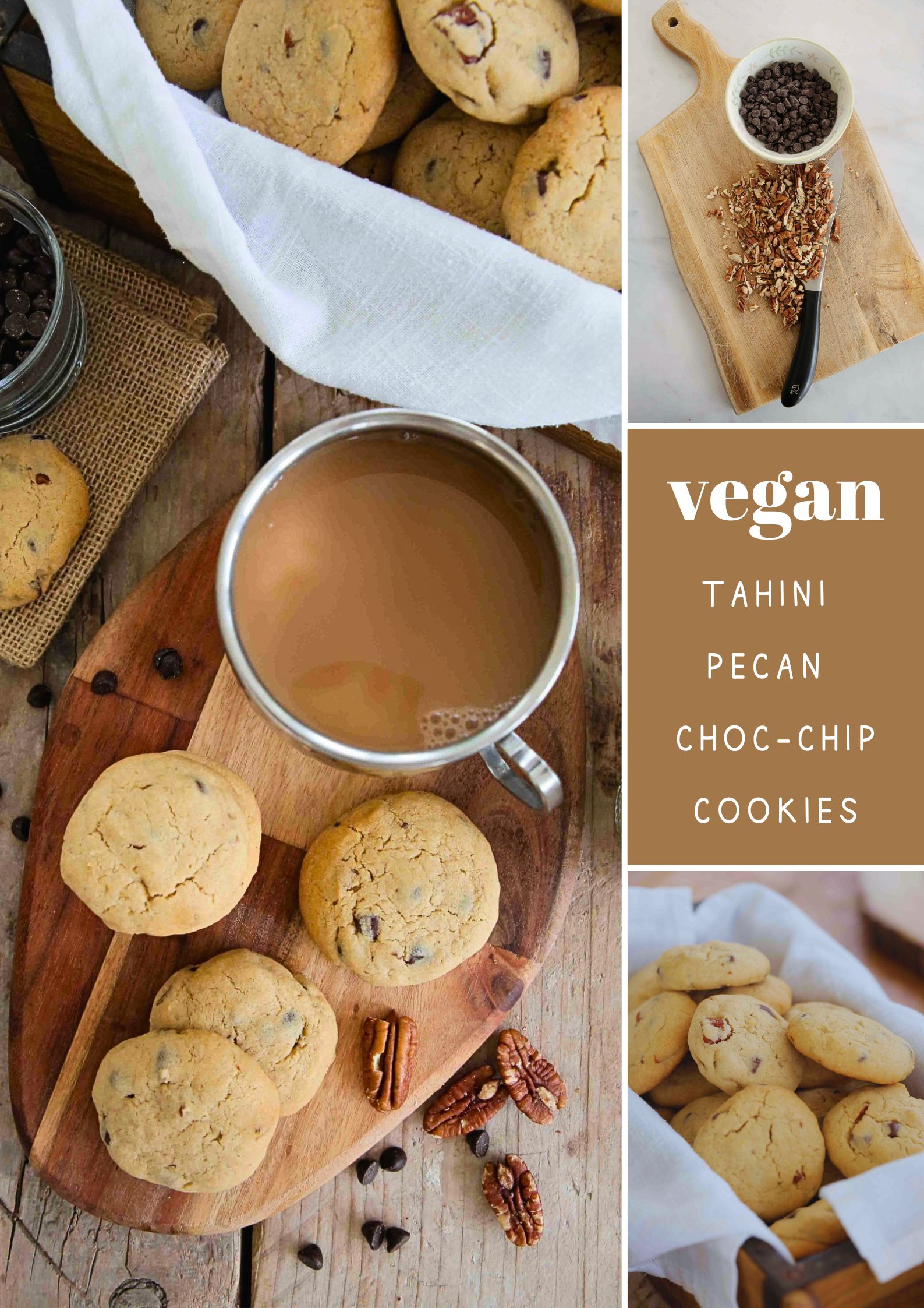 These chewy vegan choc chip cookies with tahini and pecans are super easy to make with simple ingredients and take less than 15 minutes to bake! Recipe on thecookandhim | #vegancookies #veganchocchipcookies #brownsugarcookies #chewychocchipcookies #egglesscookies