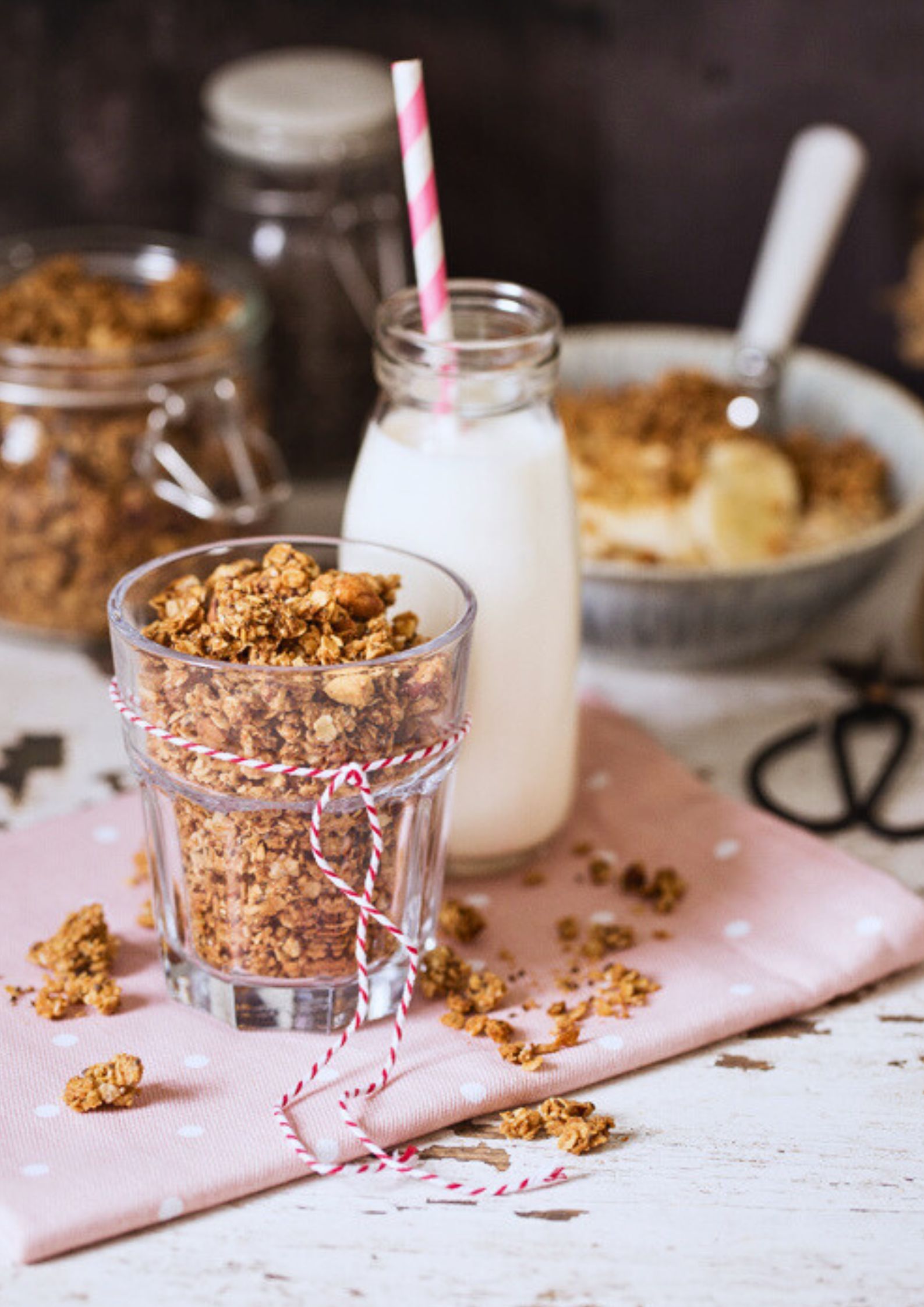 This healthy homemade granola made with chopped nuts, peanut butter and dark chocolate chips is the perfect make ahead breakfast or quick snack! Sugar free and gluten free too! Recipe on thecookandhim.com | #granola #homemadegranola #healthygranola #sugarfreebreakfast