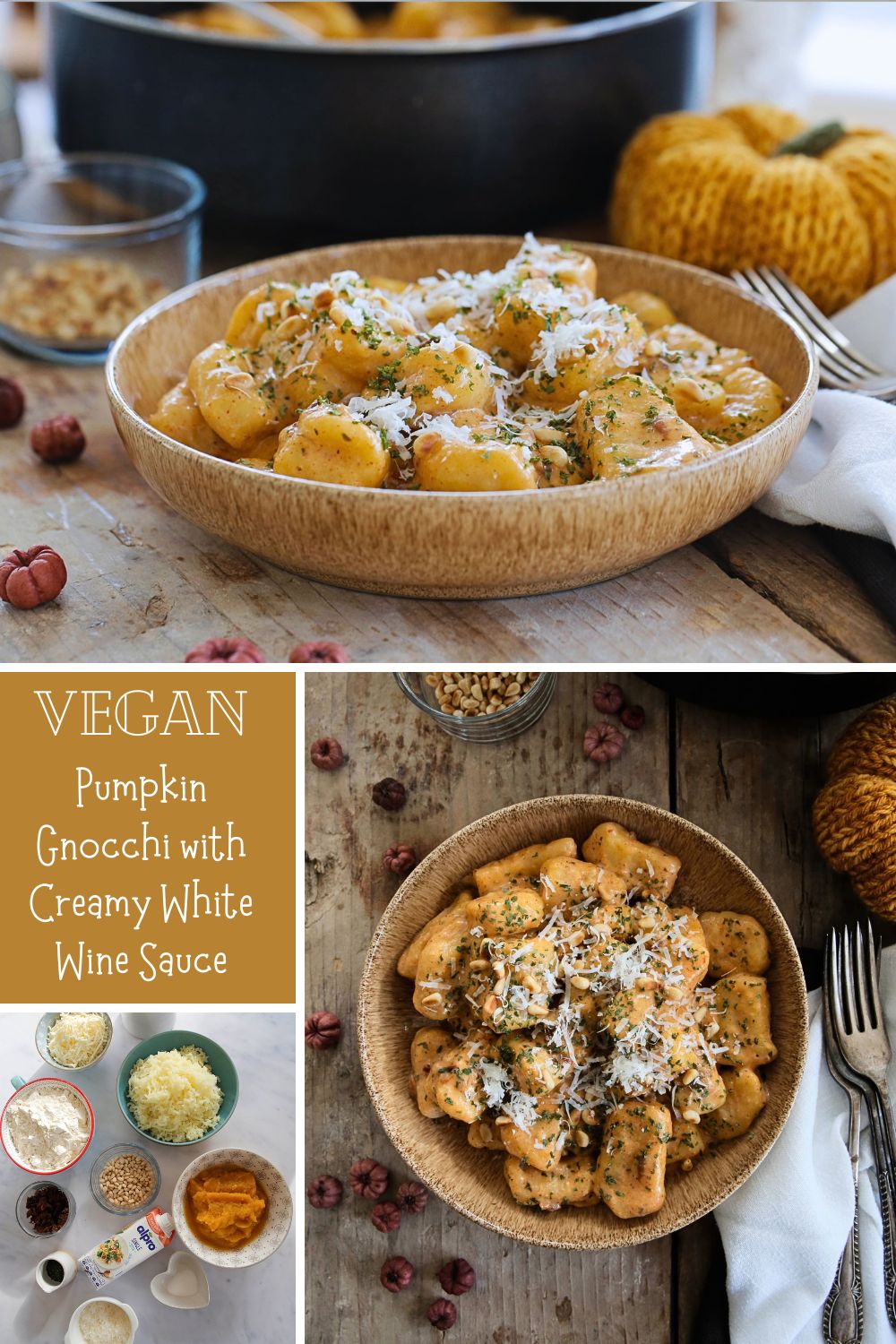 Soft, pillowy vegan pumpkin gnocchi in a rich and creamy white wine sauce with sun dried tomatoes. Delicious autumn comfort food! Recipe on thecookandhim.com | #gnocchi #vegangnocchi #pumpkingnocchi #autumnrecipes #fallrecipes