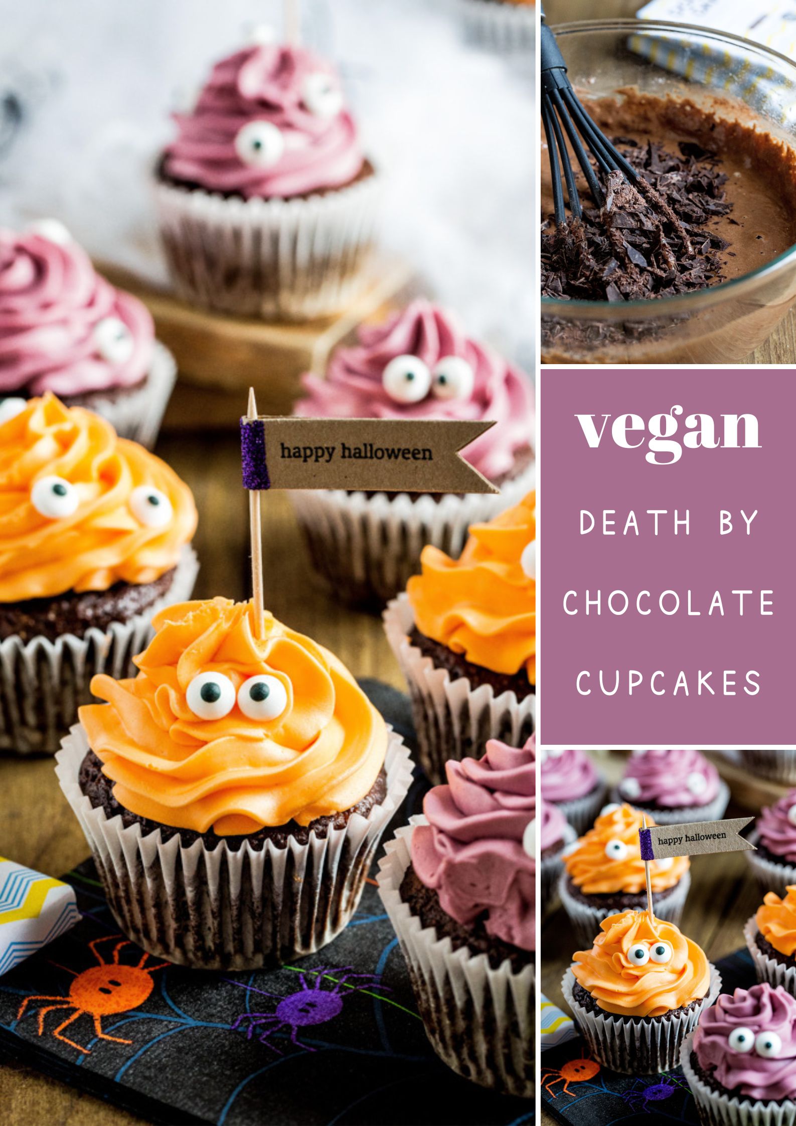 These spooky cute Death by Chocolate Cupcakes with devilishly dark chocolate and supernaturally sweet vegan frosting are a super easy vegan Halloween recipe! Recipe on thecookandhim.com | #halloweenrecipes #veganhalloween #veganbaking #chocolatecupcakes #deathbychocolate #halloweenpartyfood