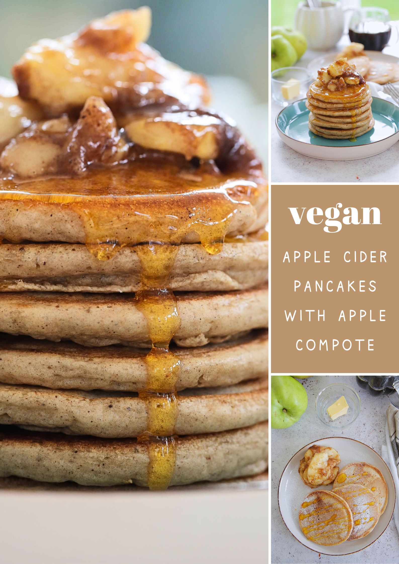 Sweet and fluffy vegan apple cider pancakes topped with a spiced apple compote. Perfect autumn weekend breakfast! Recipe on thecookandhim.com #appleciderpancakes #applepancakes #veganpancakes #eggfreepancakes #veganbreakfast #autumnrecipes