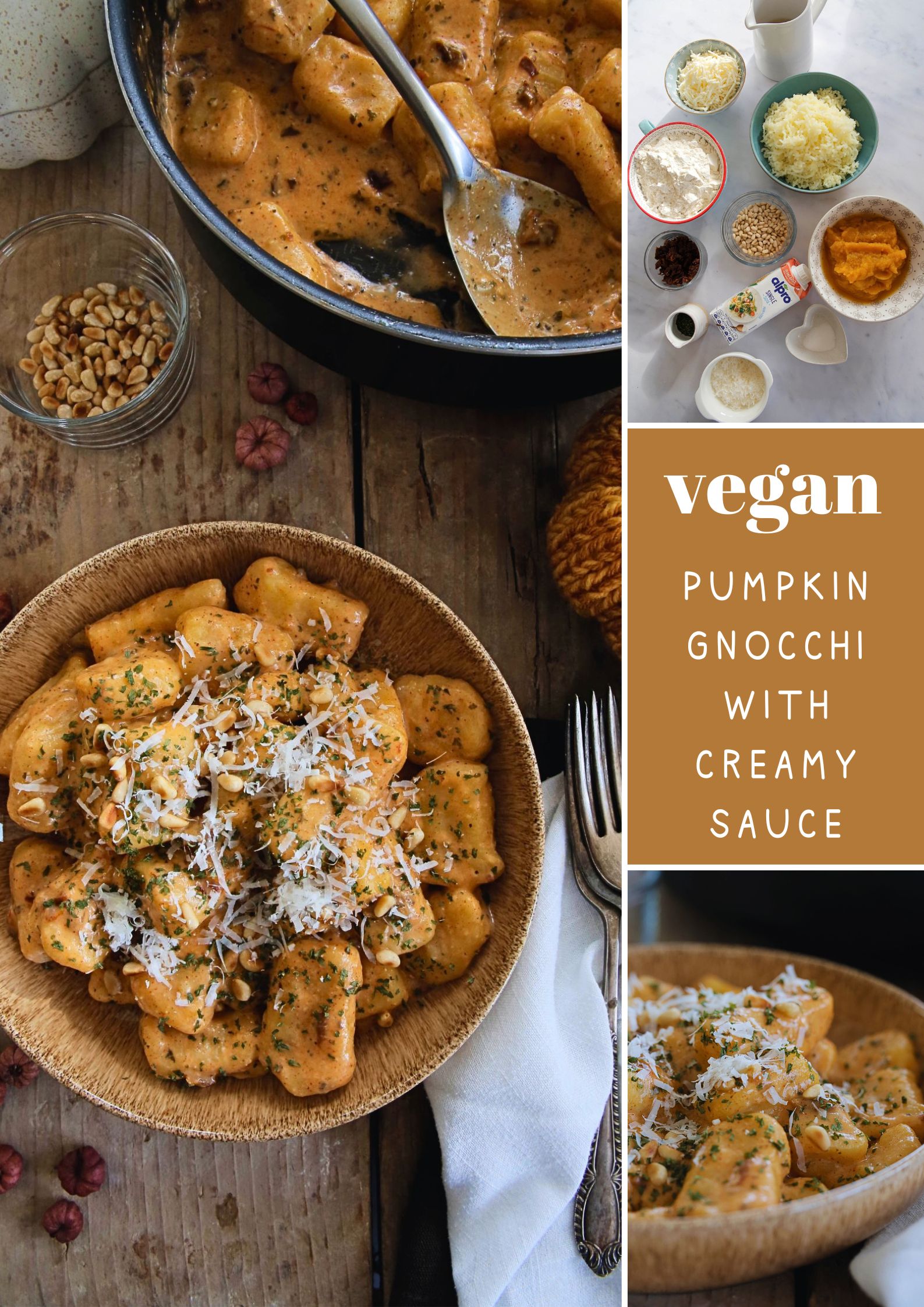 Soft, pillowy vegan pumpkin gnocchi in a rich and creamy white wine sauce with sun dried tomatoes. Delicious autumn comfort food! Recipe on thecookandhim.com | #gnocchi #vegangnocchi #pumpkingnocchi #autumnrecipes #fallrecipes