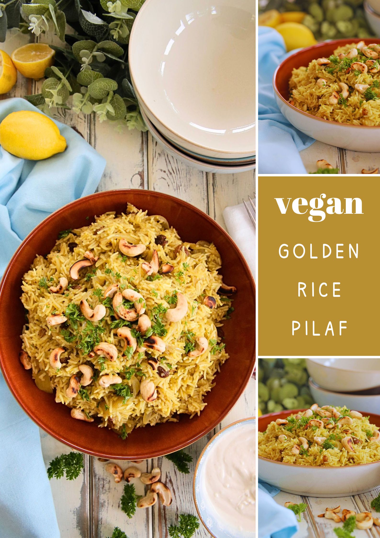 Made with simple ingredients this golden rice pilaf is a vibrant and flavourful side or main dish. It's also easy to make and all cooked in one pan for a quick and healthy vegan weeknight meal. Recipe on thecookandhim.com | #pilaf #ricerecipes #ricedishes #indianfood #veganrecipes #veganmeal