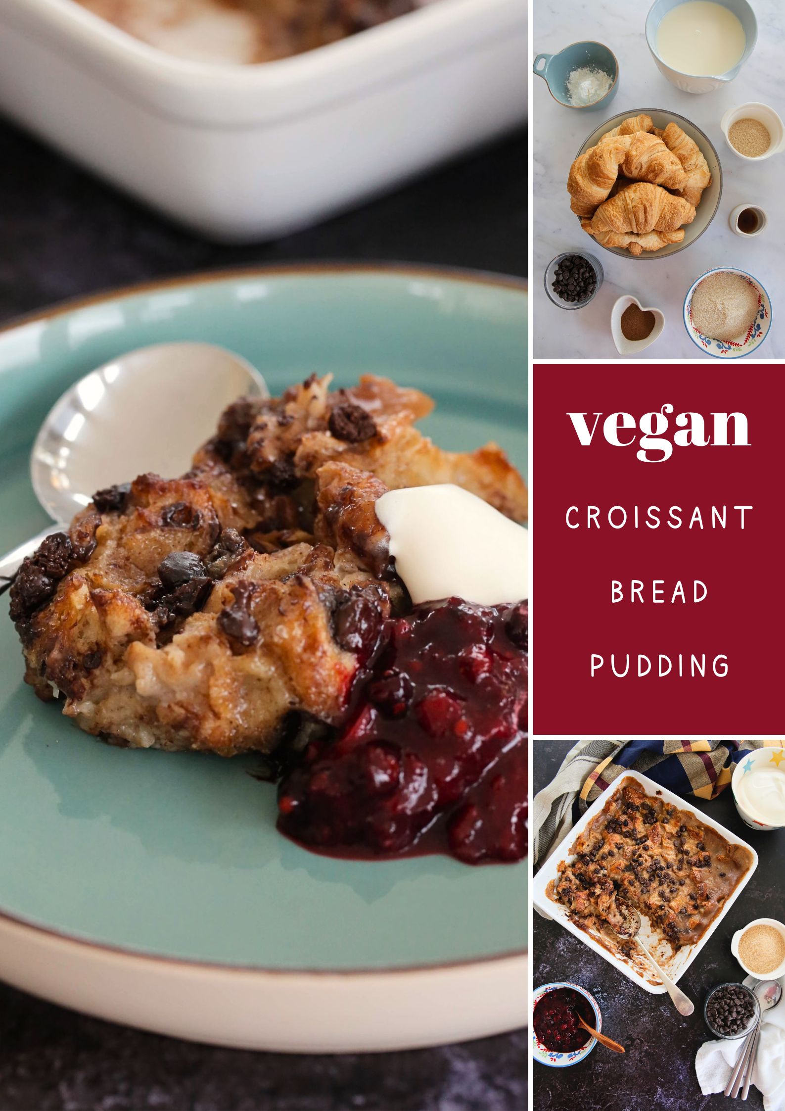 Homemade vegan croissant bread pudding is sweet, rich and custardy and studded with dark chocolate chips. Make ahead and serve with a warm berry compote and whipped cream for a special occasion dessert. Recipe on thecookandhim.com | #croissantbreadpudding #vegandessert #veganpudding #veganbaking