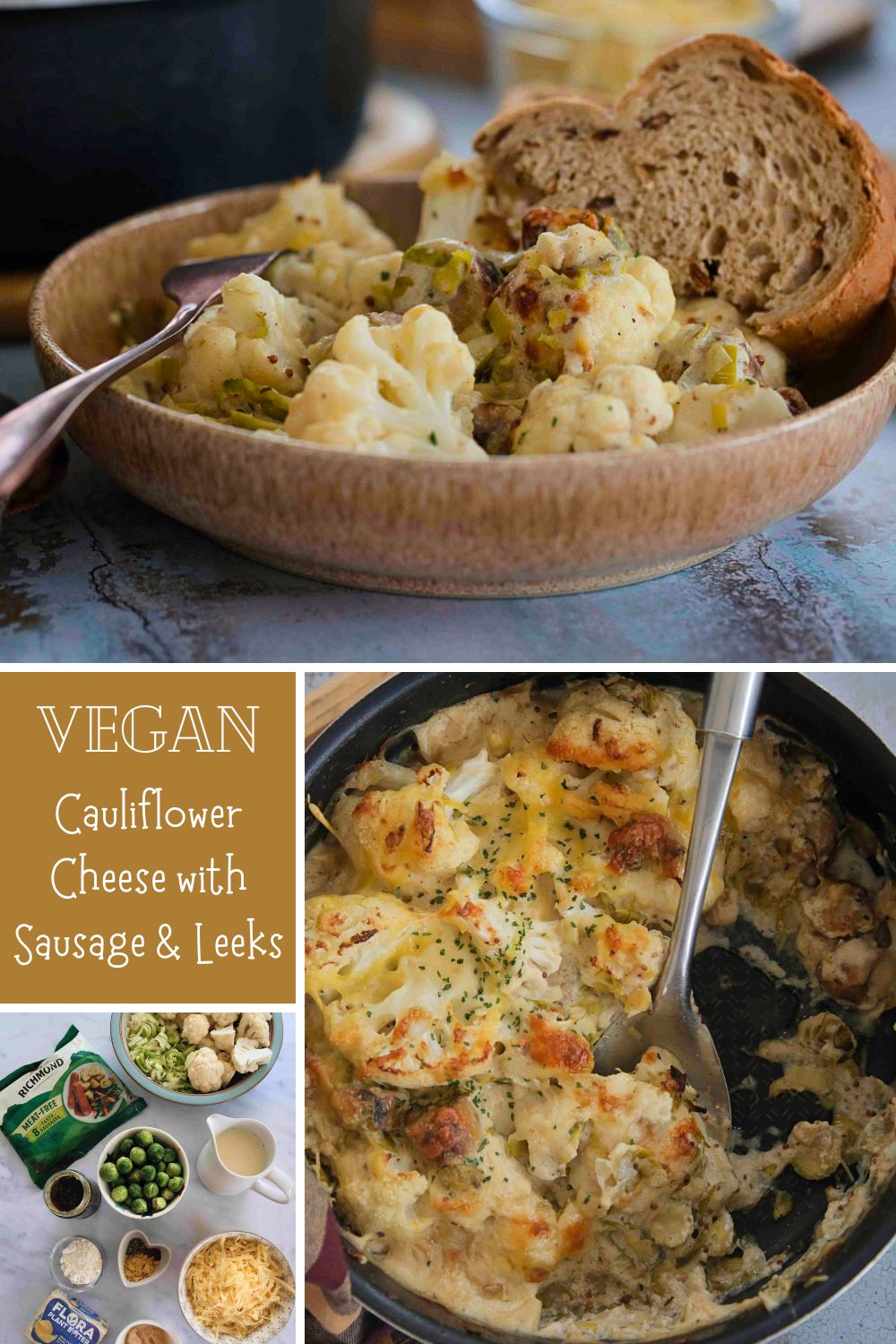 Baked until crisp and bubbly, this vegan cauliflower cheese with leeks, sprouts and sausages is a whole meal all cooked in one pan for an easy dinner! Recipe on thecookandhim.com | #cauliflowercheese #easydinner #onepanmeal #quickdinnerideas #easyveganmeals