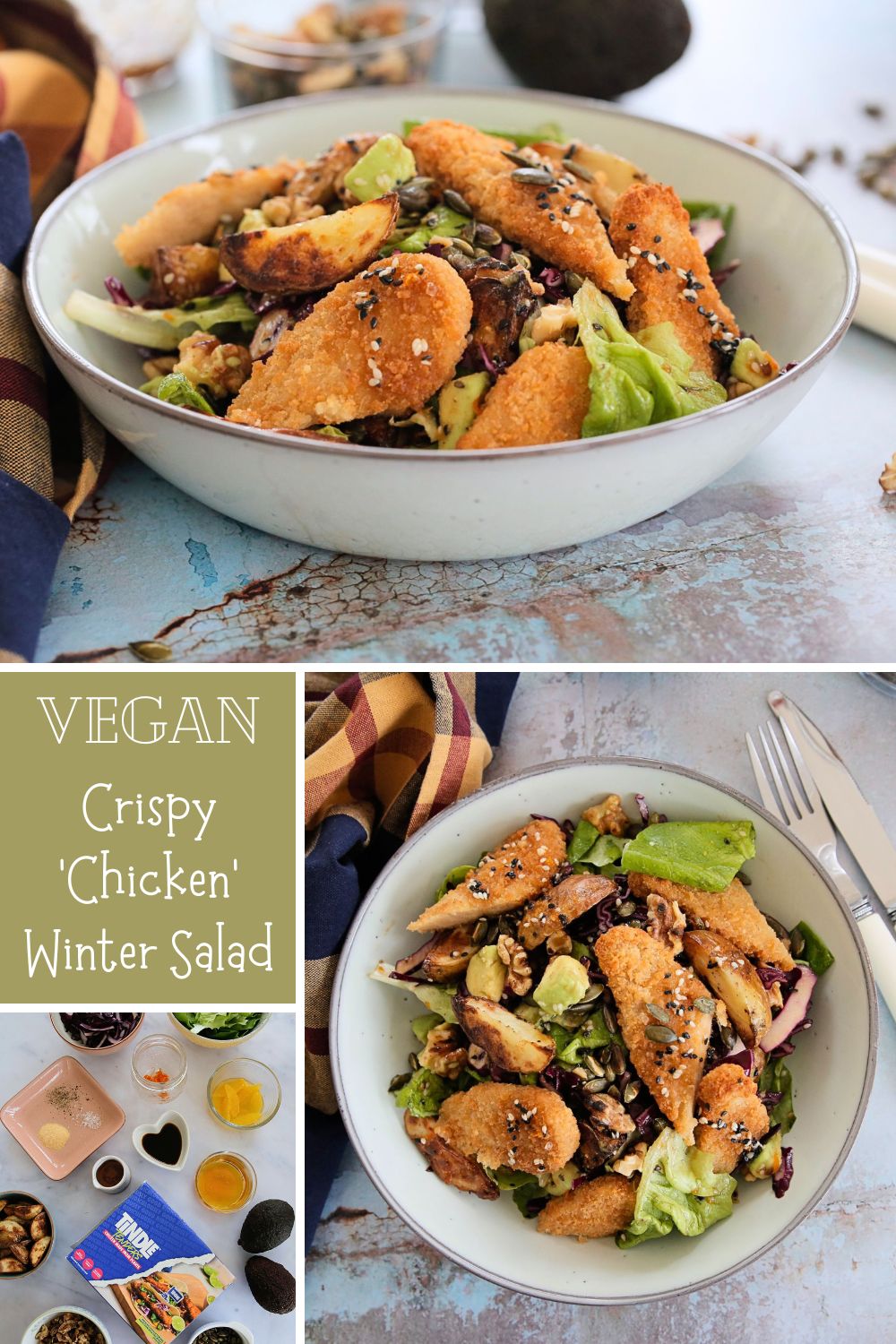 A warm winter vegan salad recipe with crunchy fresh veggies, plant based chicken tenders and a spiced sesame orange salad dressing. A totally delicious but easy vegan lunch idea. Recipe on thecookandhim.com | #vegansaladrecipes #vegansaladdressing #saladrecipes #meatlessmeal #plantbasedrecipes