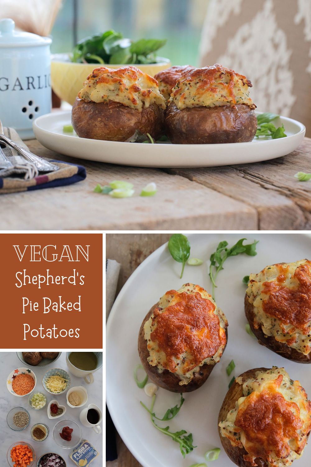 Vegan shepherds pie stuffed baked potatoes combines two great comfort foods for a make ahead lunch or hearty dinner when paired with extra veggies or crisp salad! #ovenbakedpotatoes #potatorecipes #twicebakedpotatoes #veganshepherdspie