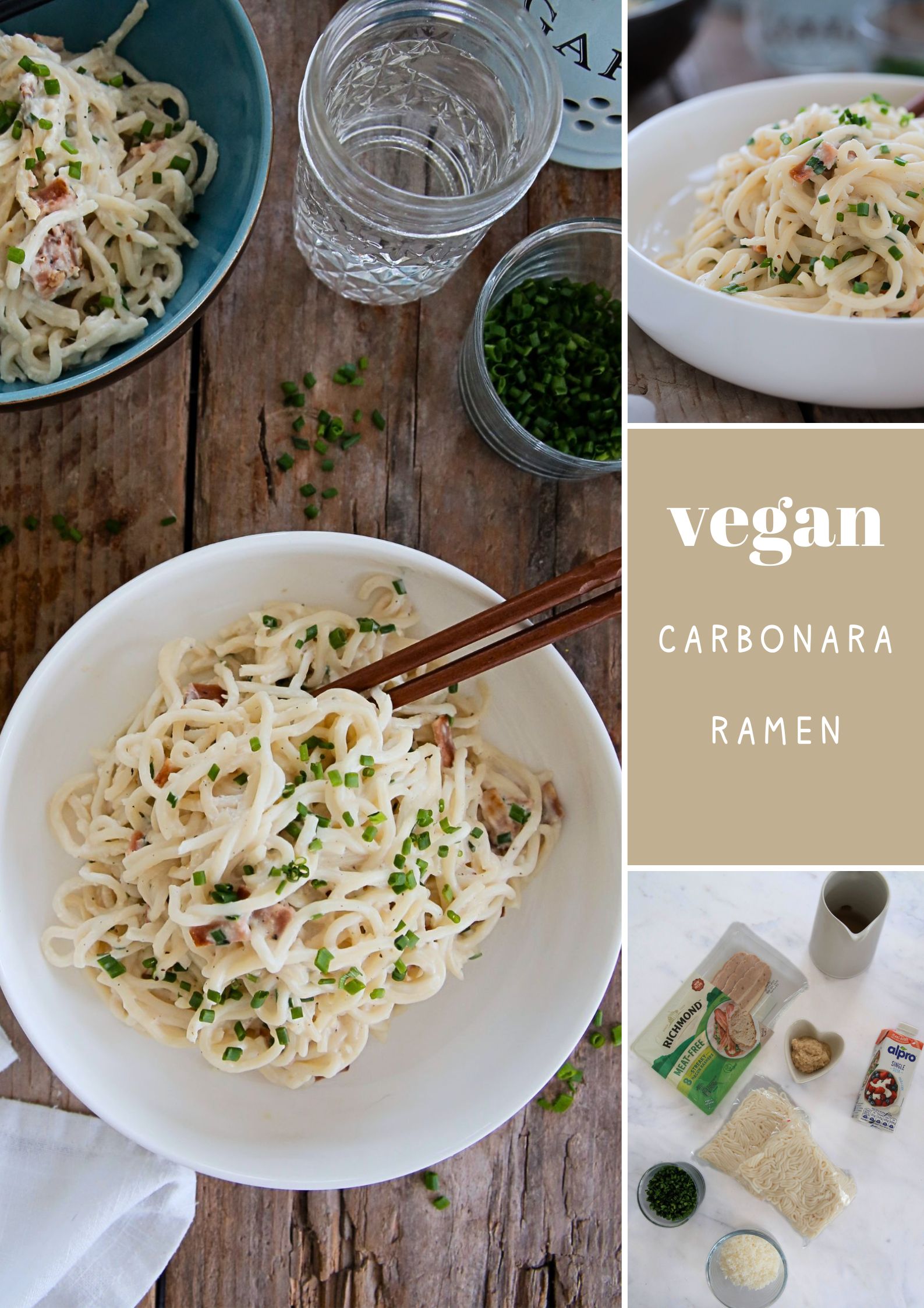 If you like simple, one pan meals with minimal ingredients but no compromise on flavour you'll love this vegan carbonara ramen! Using ramen noodles means it can all be cooked in one pan in around 20 minutes. It's perfect nourishing food after a busy day but tastes special enough for date night! Recipe on thecookandhim.com #carbonara #carbonararamen #fusionfood #veganpasta #onepanmeal #onepandinner