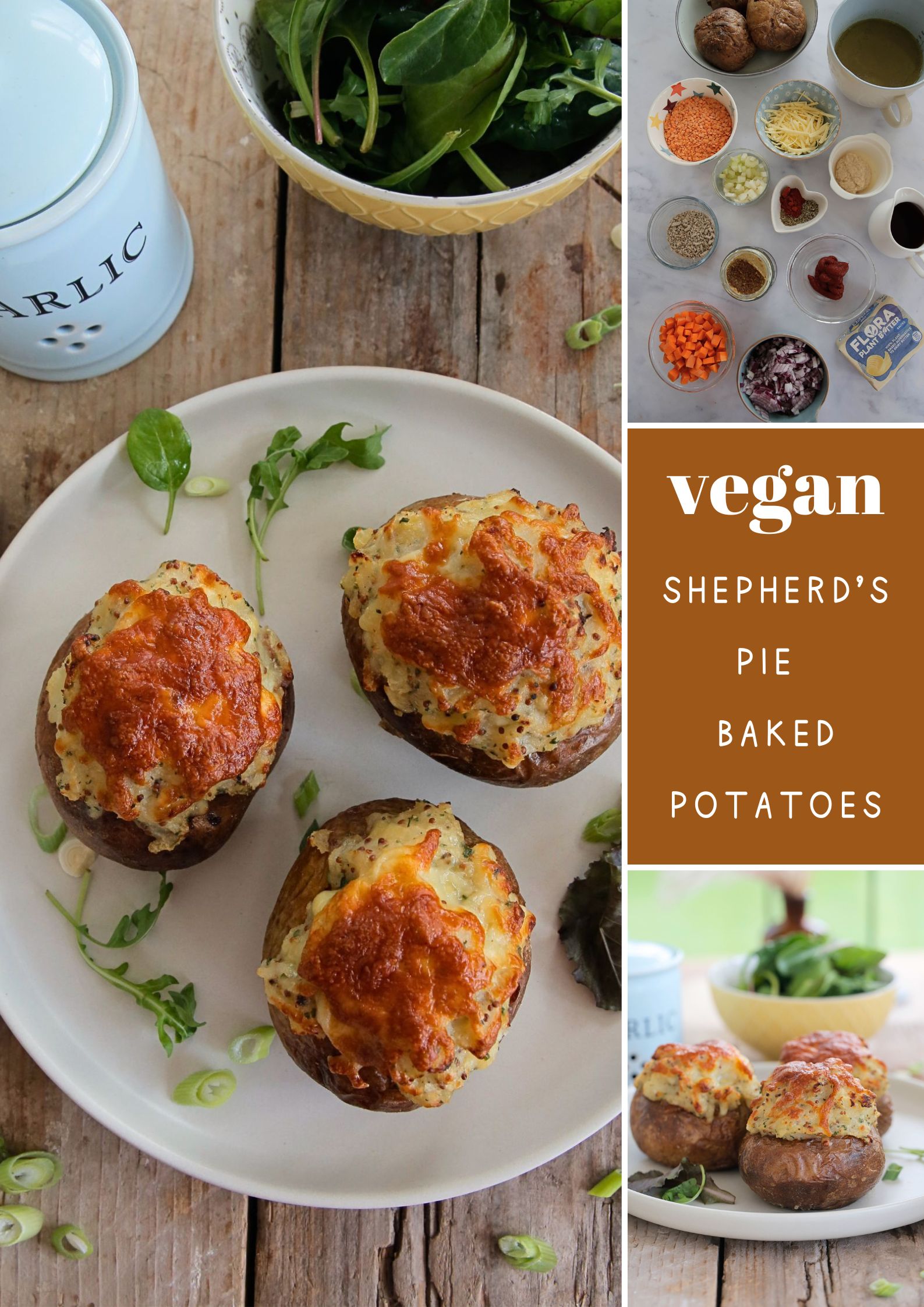 Vegan shepherds pie stuffed baked potatoes combines two great comfort foods for a make ahead lunch or hearty dinner when paired with extra veggies or crisp salad! #ovenbakedpotatoes #potatorecipes #twicebakedpotatoes #veganshepherdspie