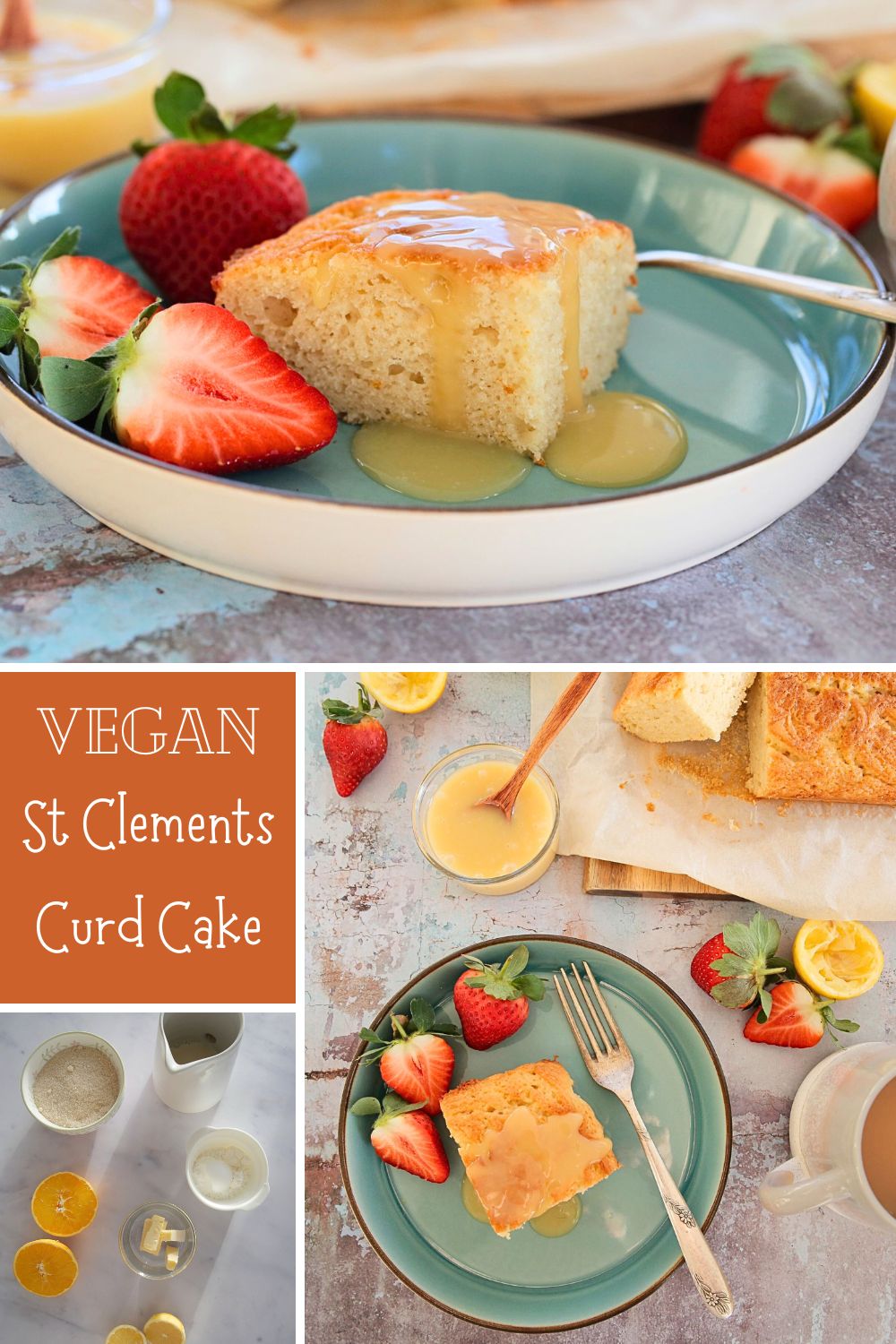 If you're a fan of oranges and lemons you're going to love this light and fluffy vegan St Clements curd cake with its sunshine flavours! A moist vegan sponge rippled with homemade curd, perfect with an afternoon cuppa or add a dollop of whipped cream for delicious dessert #vegancakerecipes #veganrecipes #vegandessert #orangecake #lemoncake