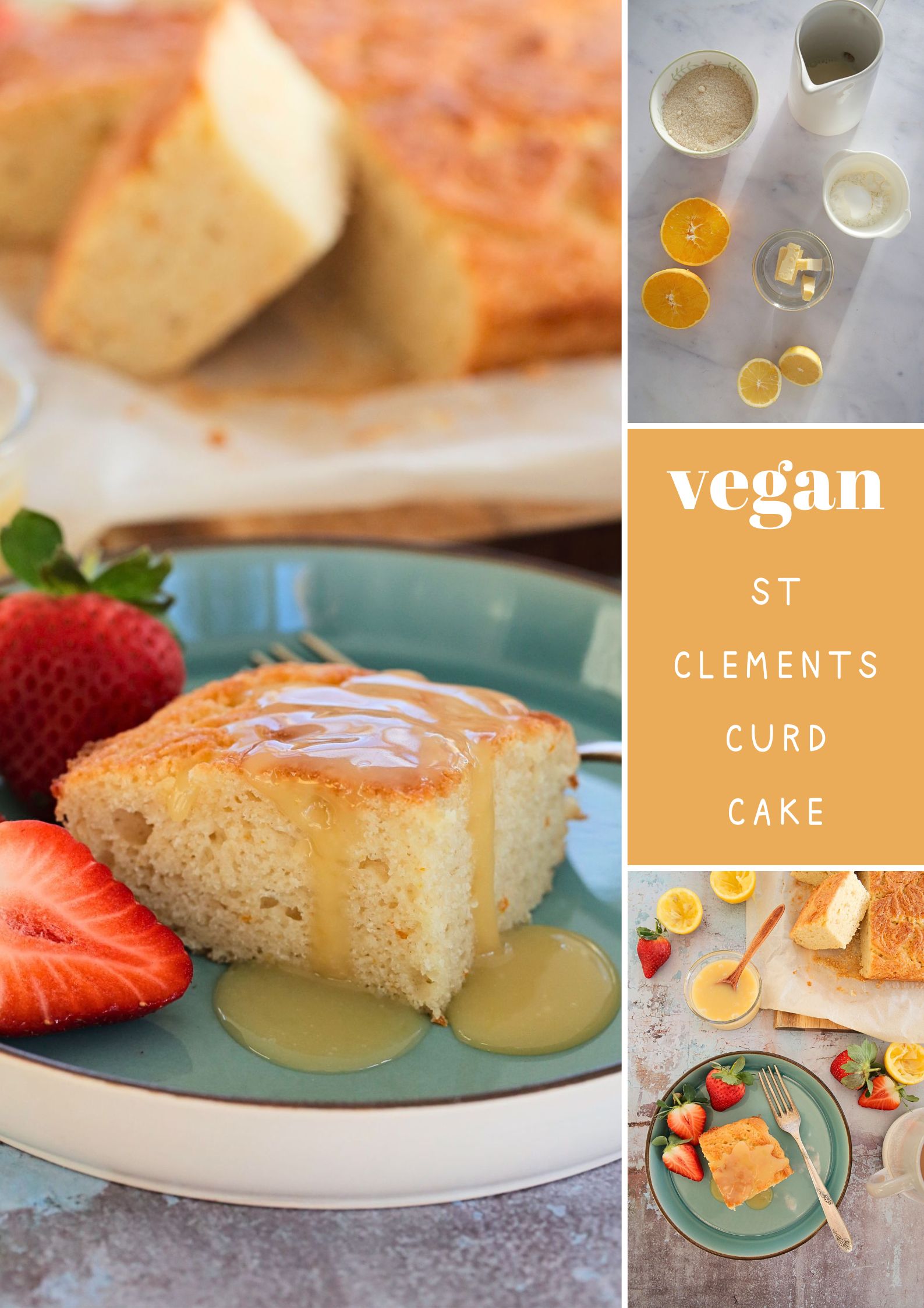 If you're a fan of oranges and lemons you're going to love this light and fluffy vegan St Clements curd cake with its sunshine flavours! A moist vegan sponge rippled with homemade curd, perfect with an afternoon cuppa or add a dollop of whipped cream for delicious dessert #vegancakerecipes #veganrecipes #vegandessert #orangecake #lemoncake