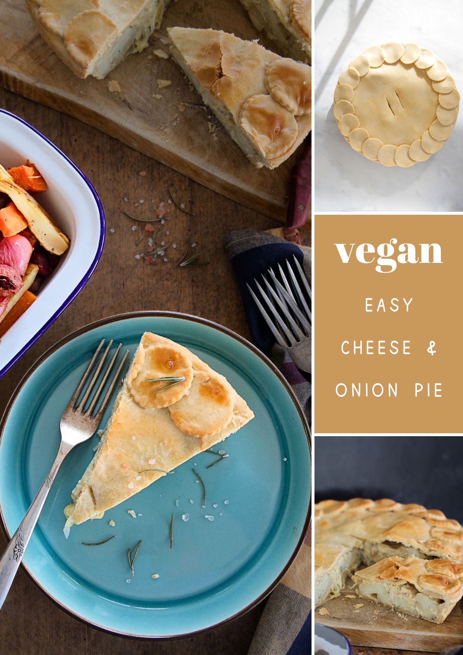 This flavourful and comforting cheese and onion pie uses simple ingredients and an easy homemade pastry crust. I've included potatoes to make it a meal in a pie - serve with a simple salad or steamed or roasted vegetables for a hearty meal! Leftovers are just as lovely cold for packed lunches too! #veganpie #potatopie #pierecipes #savourypie