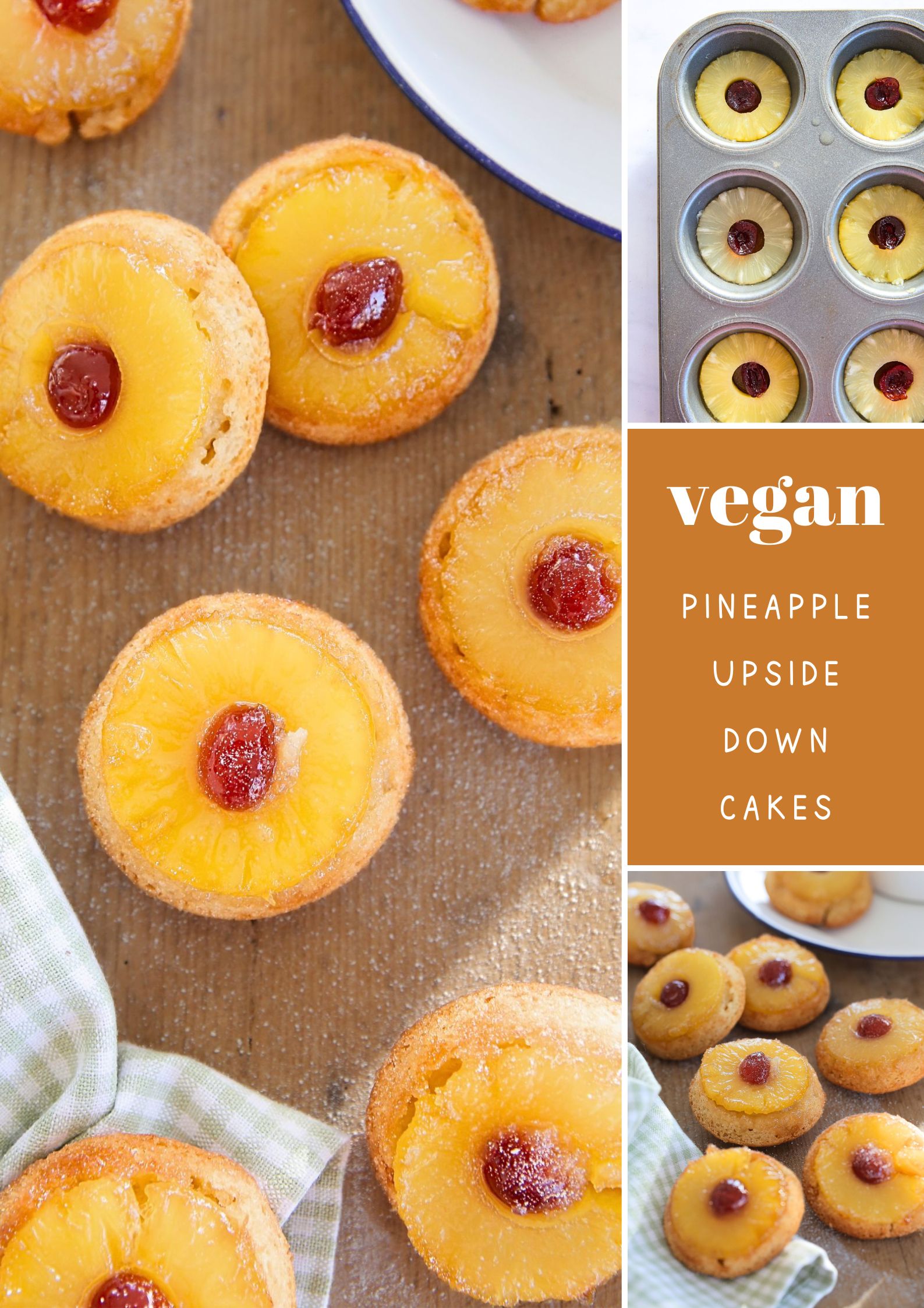 A classic for a reason, these mini vegan pineapple upside down cakes still have that sugary caramel crust, fruity pineapple, amber cherries and the easiest vegan cake mix! #pineappleupsidedowncake #pineapplecake #vegancake #eggfreecake #pineapplerecipes