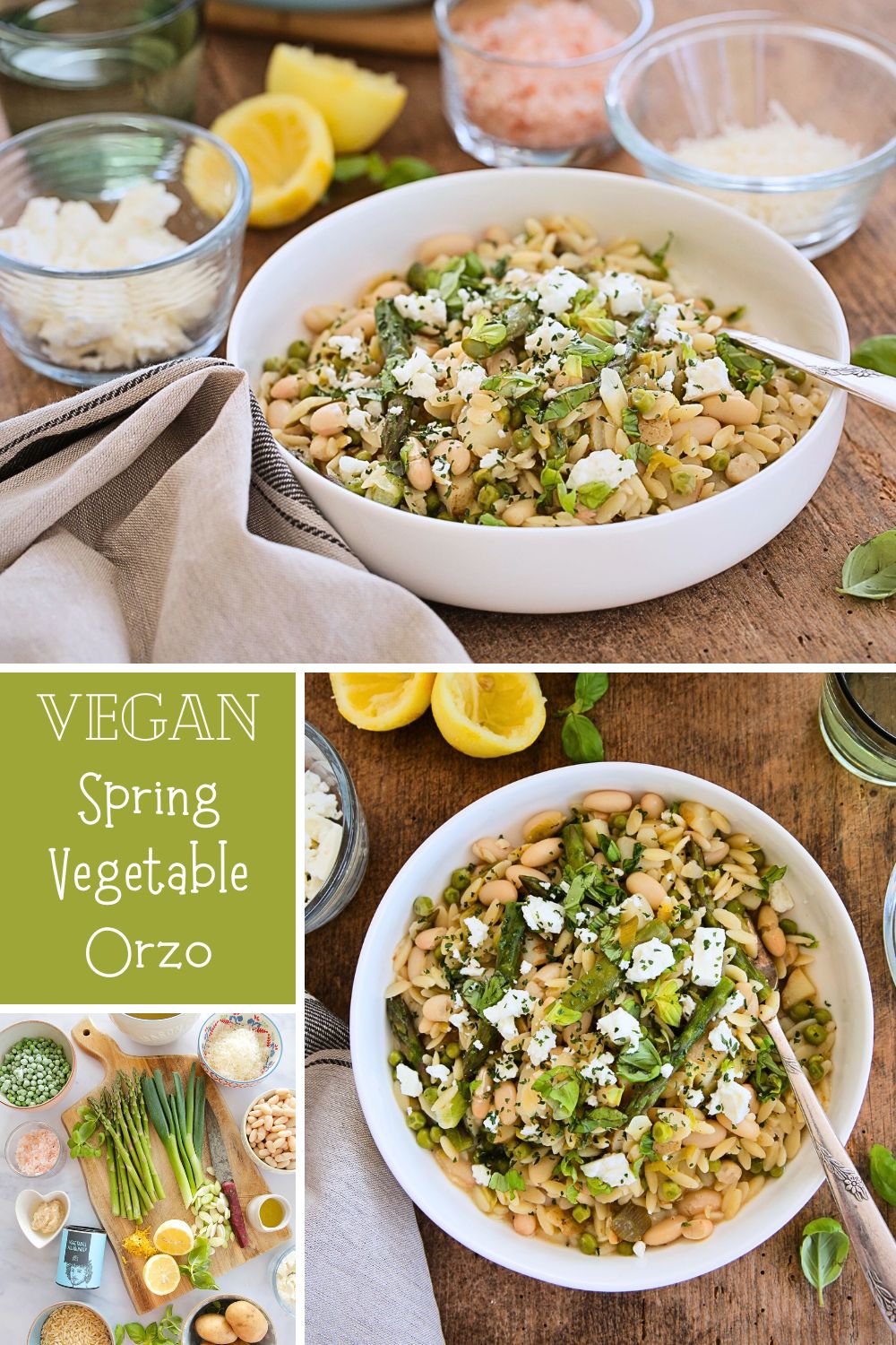 Spring Veggies Orzo Pasta - a lovely light, but jam packed with vegan protein concoction with asparagus, peas, spring onions and fresh basil. Lightened up with zingy lemon. An easy meal whether cooking for one or a houseful! #pastafoodrecipes #pastarecipe #veganrecipe #vegandinner #orzo