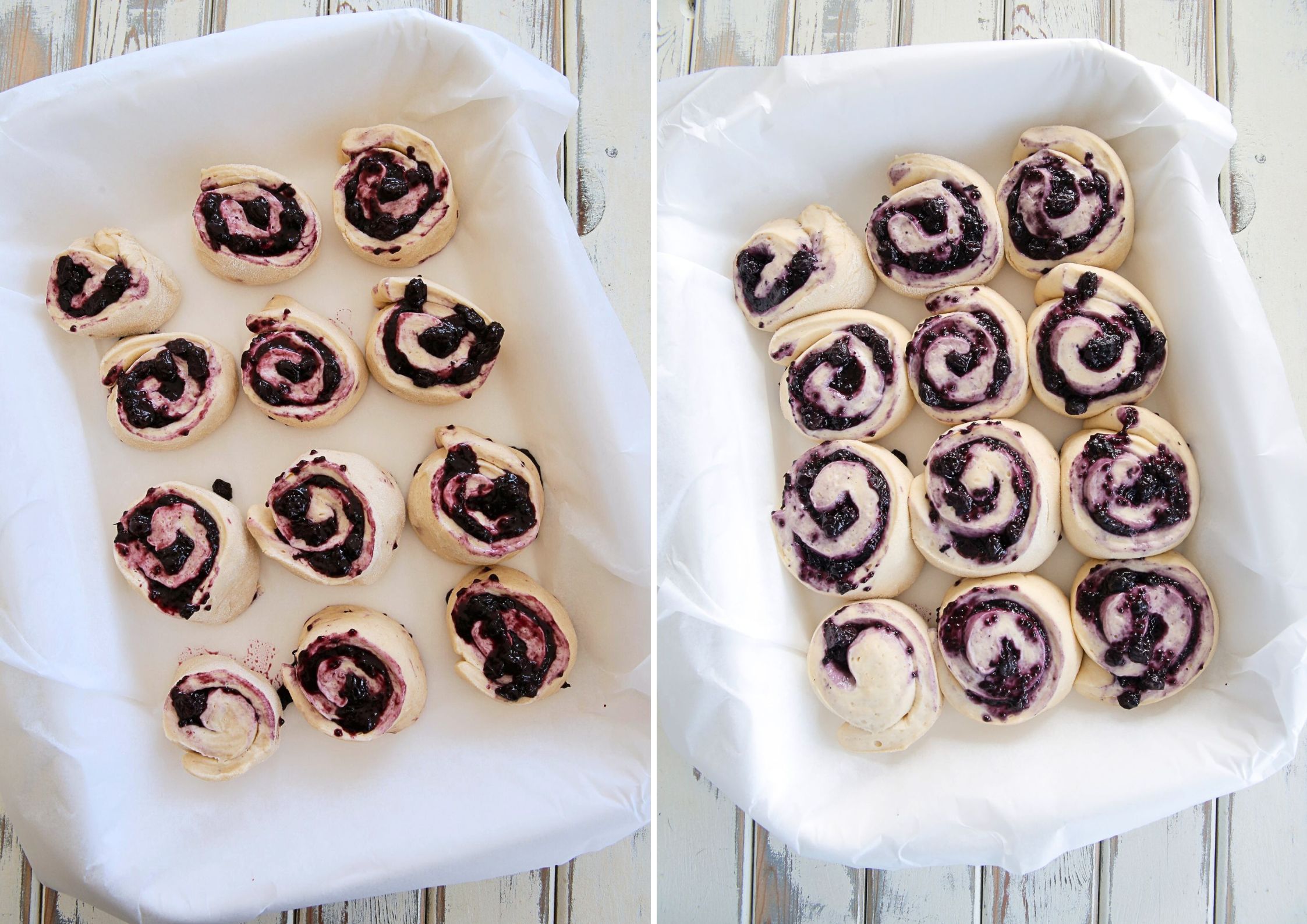 These blueberry jam sweet rolls are absolutely bursting with fruity, sweet, jammy flavour! The soft fluffy dough is swirled with the easiest homemade blueberry jam then baked to golden perfection before being topped with a vegan cream cheese frosting. Utterly delicious! #blueberryrolls #blueberryjam #homemadebread #sweetrolls #blueberrysweetrolls